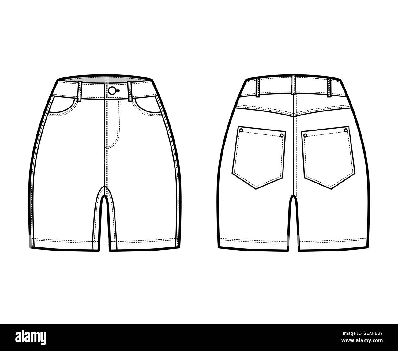 Denim short pants technical fashion illustration with mid-thigh length ...