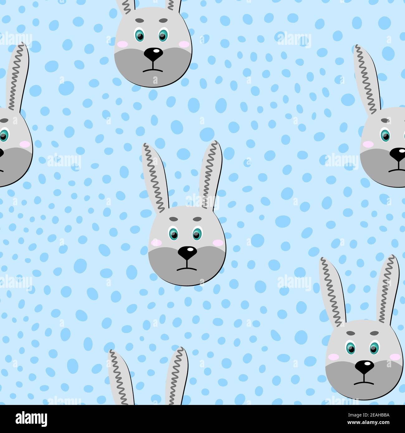 Vector flat animals colorful illustration for kids. Seamless pattern with cute hare face on blue polka dots background. Adorable cartoon character Stock Vector