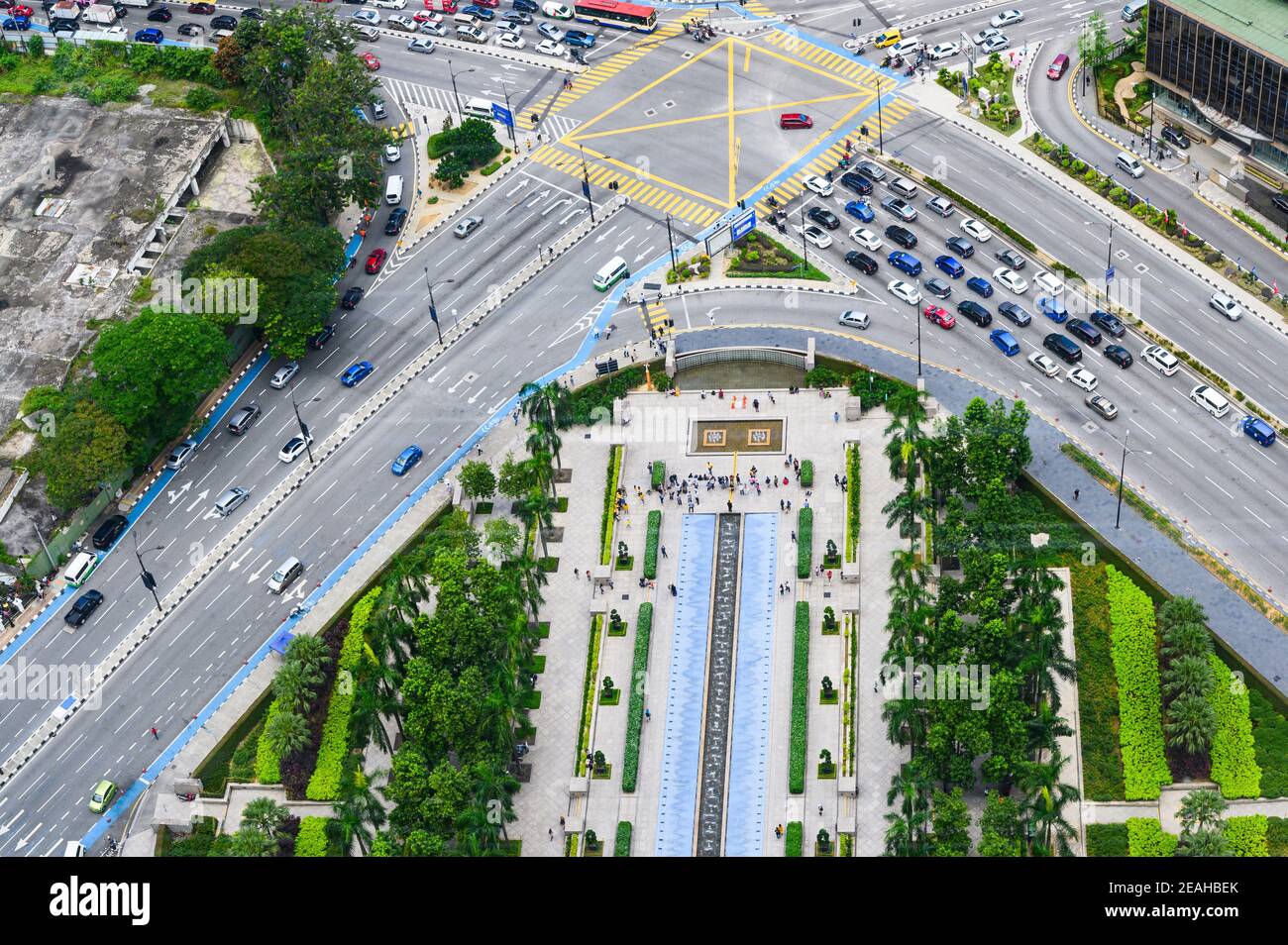 aerial view from the skybridge at the Petronas Twin Towers to the Jalan Ampang street Stock Photo