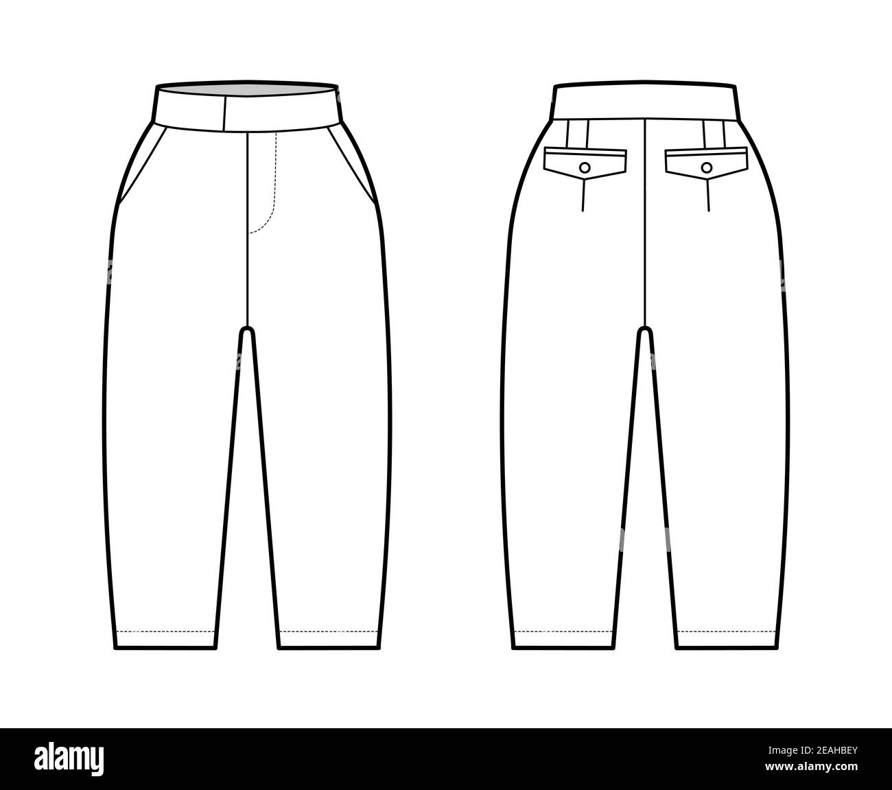 Short capri pants technical fashion illustration with knee length, normal  waist, high rise, slashed pocket, extended waistband. Flat bottom template  front, back white color style. Women men CAD mockup Stock Vector Image