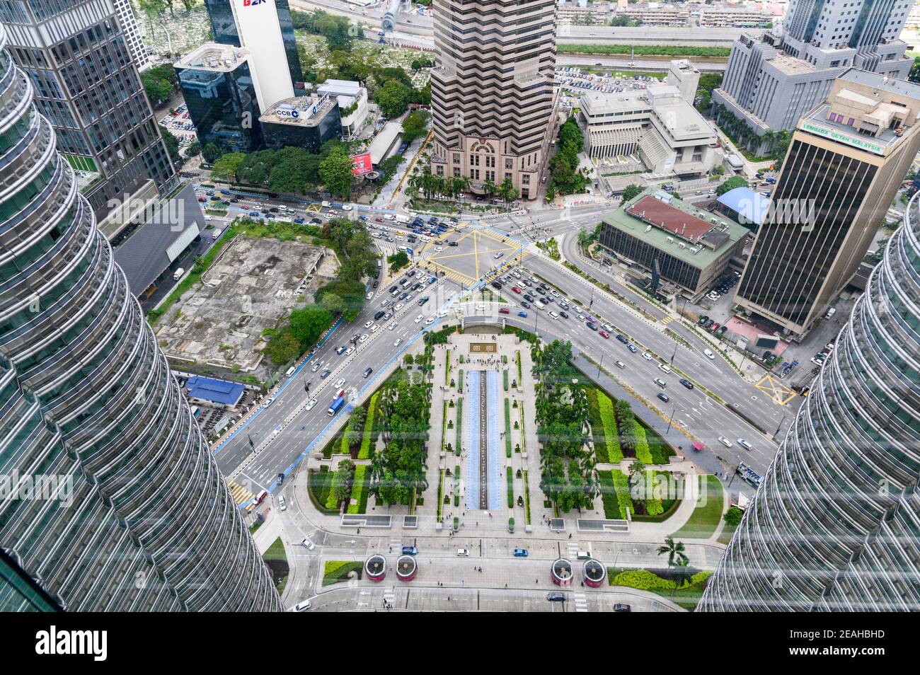aerial view from the skybridge at the Petronas Twin Towers to the Jalan Ampang street Stock Photo