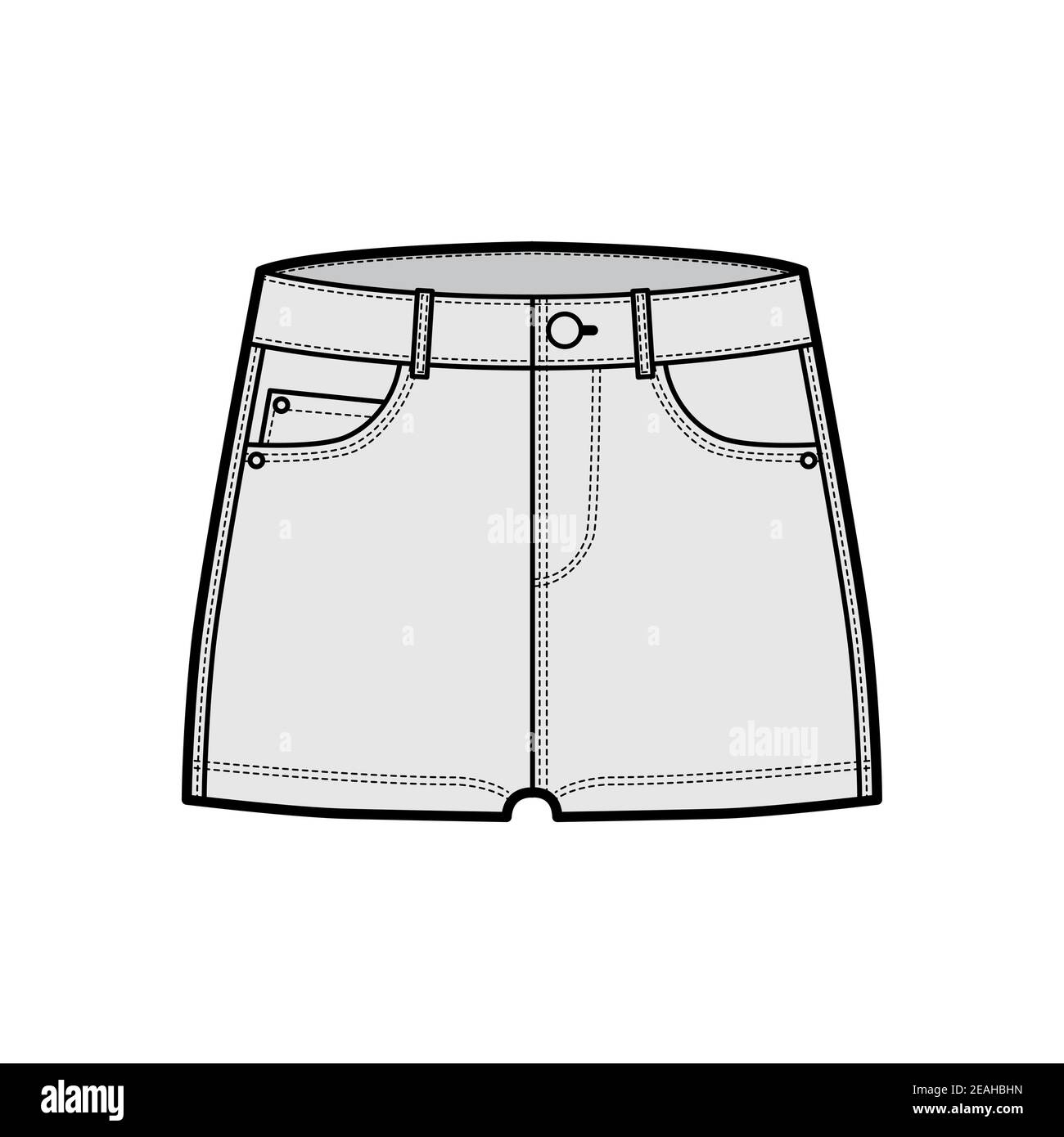 Denim hot short pants technical fashion illustration with micro length, low waist, low rise, 5 pockets. Flat bottom apparel template front, grey color style. Women, men, unisex CAD mockup Stock Vector