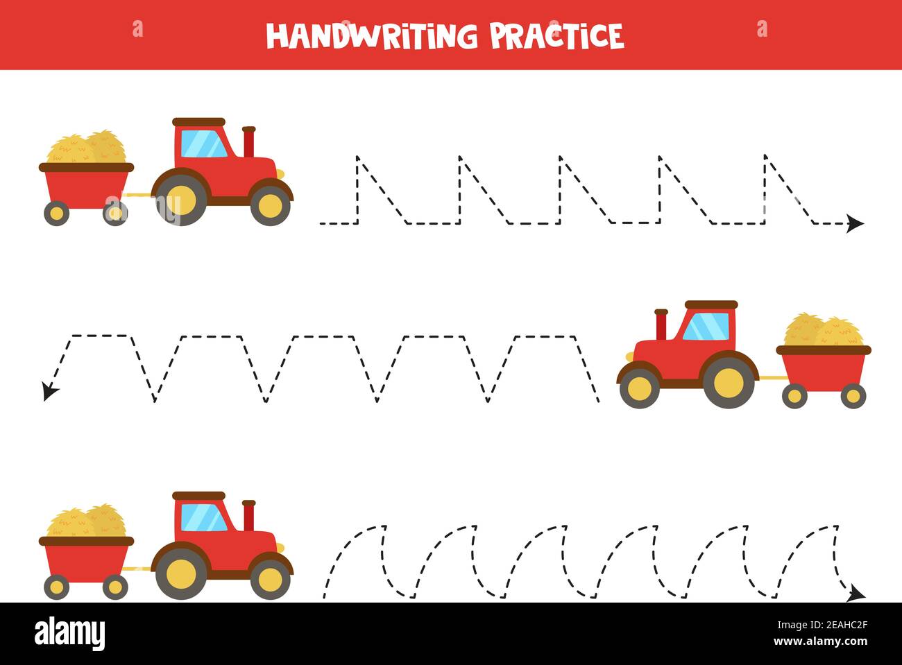 Tracing lines for kids with farm tractor. Handwriting practice for