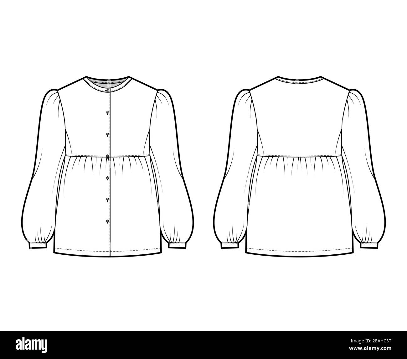 Tunic blouse technical fashion illustration with bouffant long sleeves,  stand collar, gathered hem, oversized, button up. Flat apparel top template  front, back white color. Women men unisex CAD mockup Stock Vector Image