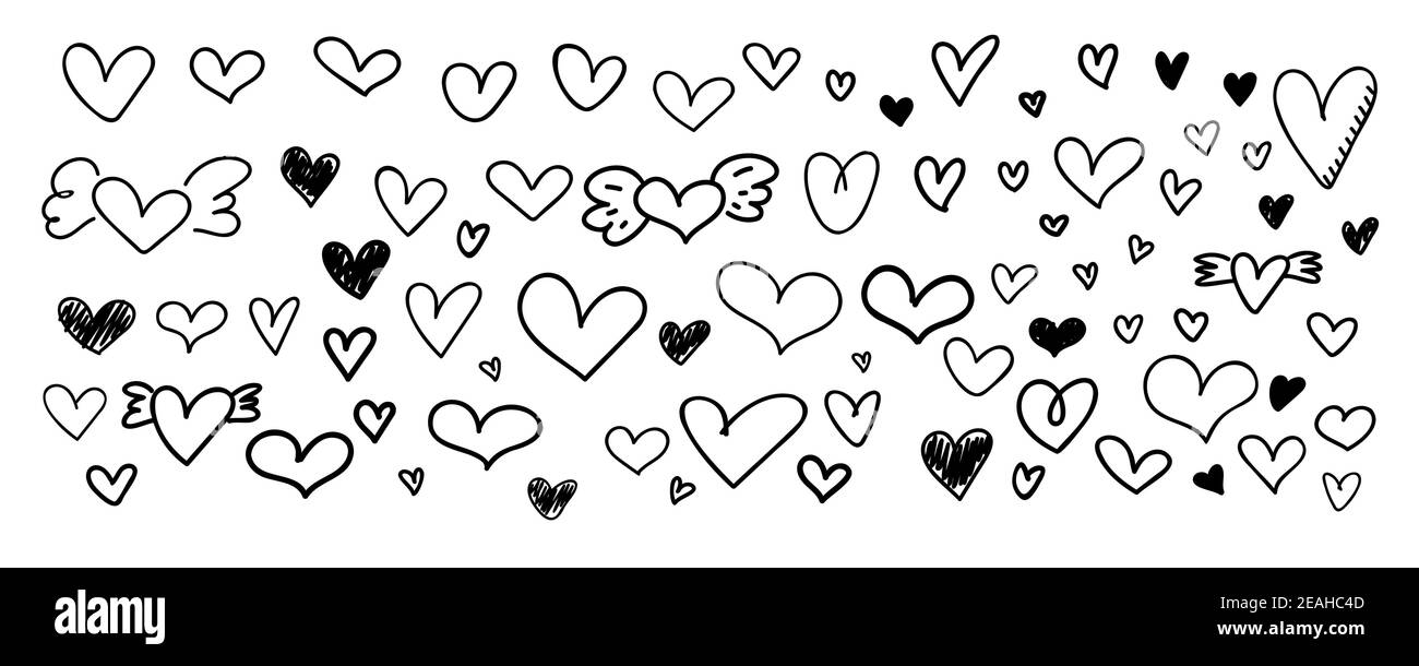 Doodle heart vector. Big set of hand drawn hearts shape isolated on ...
