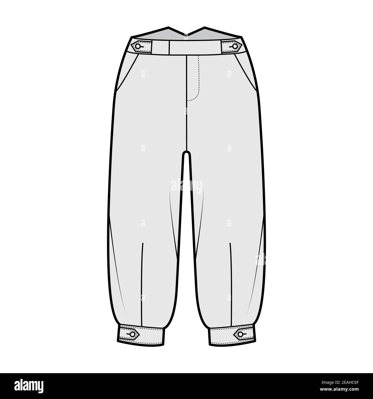 Short plus fours pants technical fashion illustration with tab, knee length, normal waist, rise, slashed pocket. Flat breeches bottom template front, grey color style. Women, men CAD mockup Stock Vector