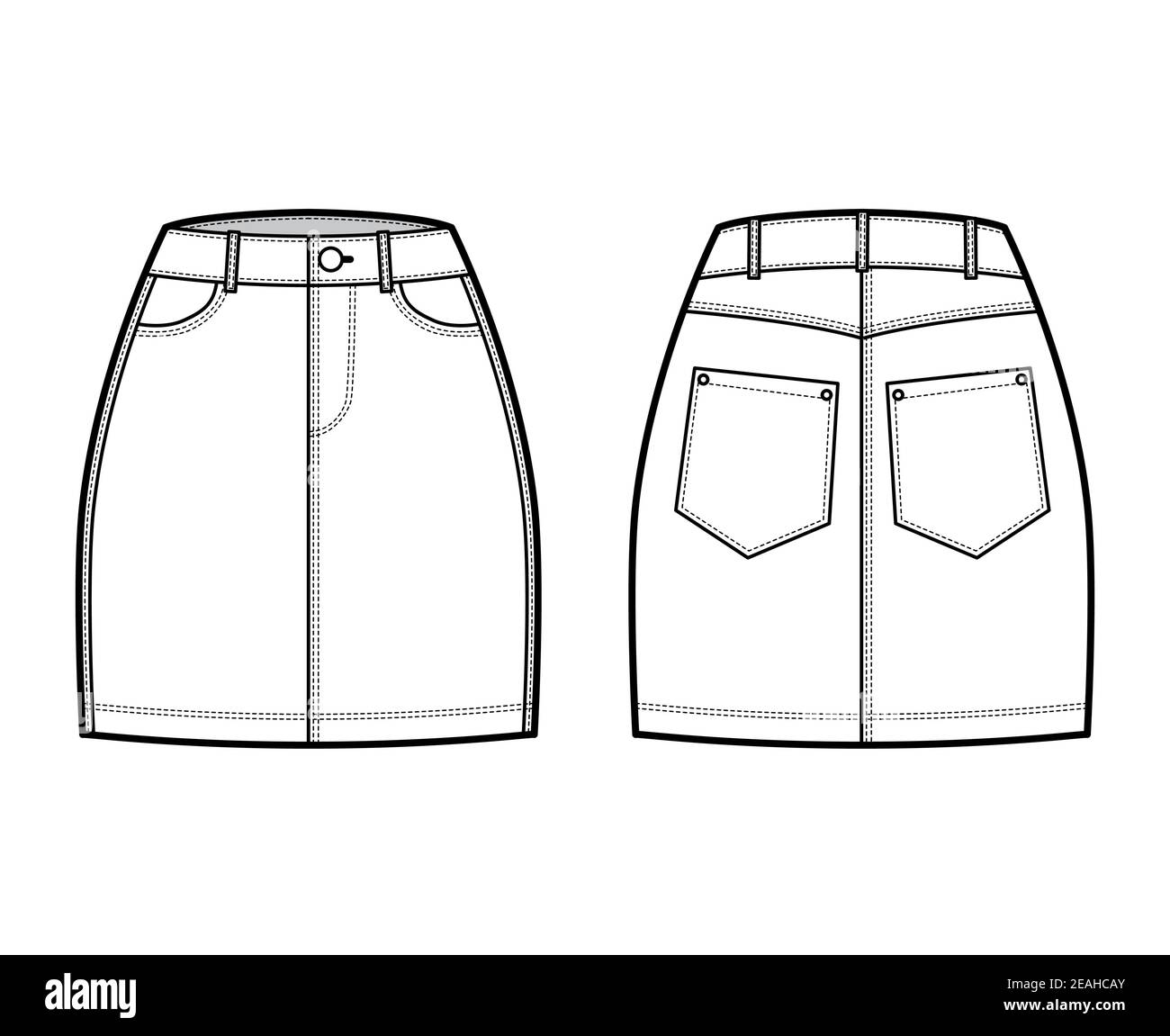 denim skirt technical fashion illustration with mini length normal waist high rise curved and angled pockets flat bottom template front back white color style women men unisex cad mockup 2EAHCAY