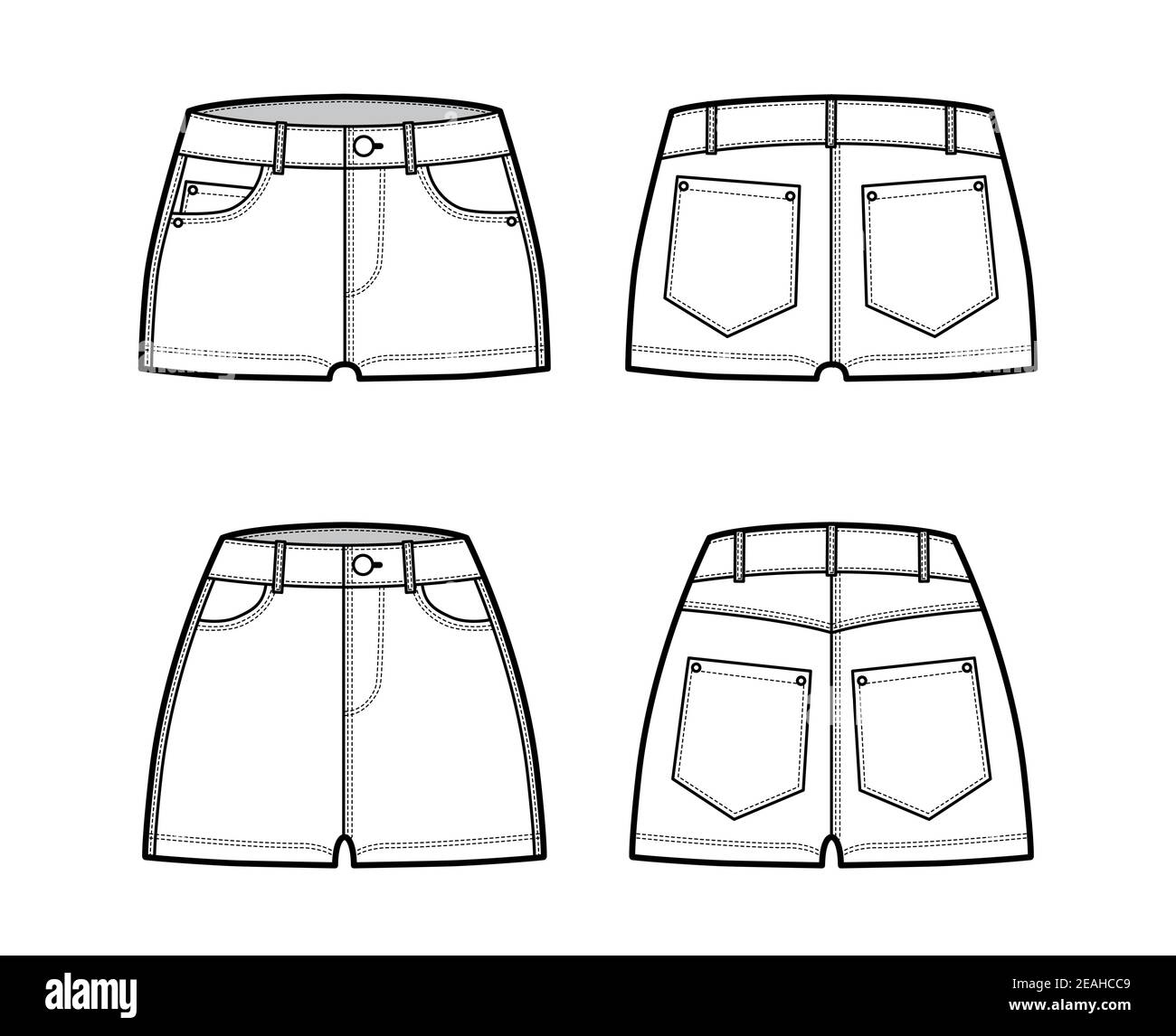 set of denim hot shorts pants technical fashion illustration with micro mini length normal low waist high low rise coin 5 pockets flat bottom template front back white color women men cad mockup 2EAHCC9