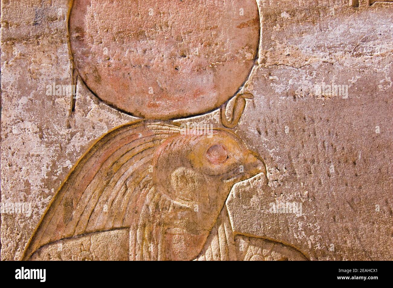 Ancient Egyptian carving of the hawk headed god RaHorakhty . Temple of