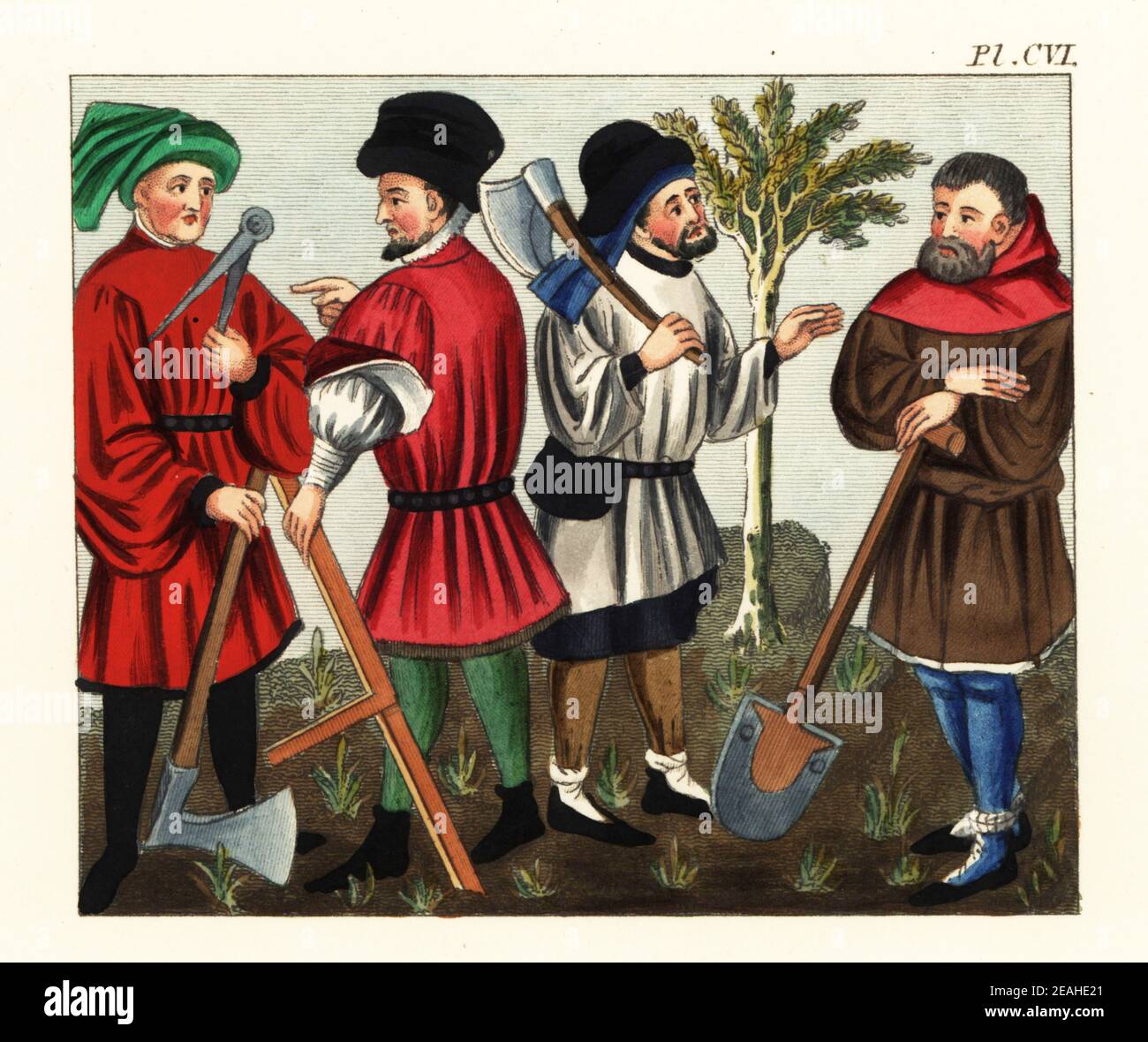 Costumes of workers of the 15th century: Carpenters with pincers and axe, stone mason with right angle, and gardener with shovel. Labourers and artificers of the 15th century. From Giovanni Boccaccio's Des Cas des nobles hommes et femmes, Royal 18 D VII,  f.2. Handcoloured engraving by Joseph Strutt from his Complete View of the Dress and Habits of the People of England, Henry Bohn, London, 1842. Stock Photo