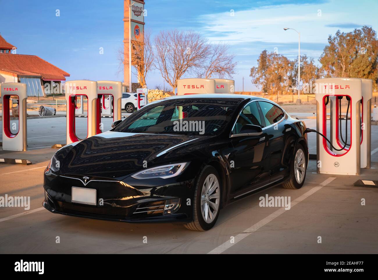 Firebaugh, USA January 21, 2021 Black electric luxury Tesla Model S