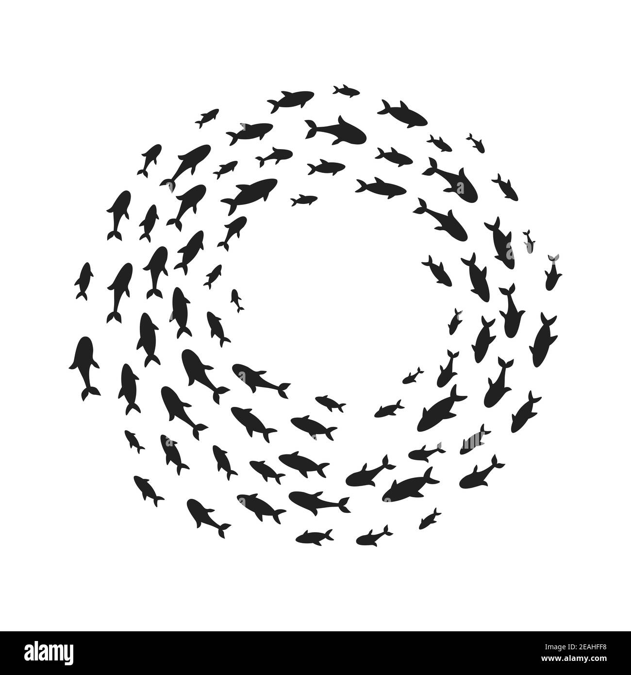 Silhouettes school of fish with marine life of various sizes swimming