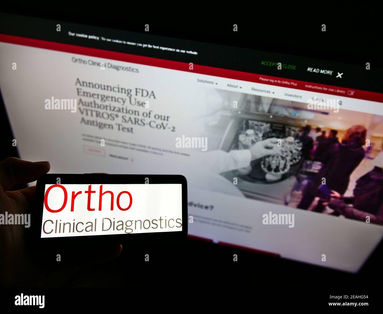 Person holding smartphone with logo of American company Ortho Clinical Diagnostics on screen in front of website. Focus on phone display. Stock Photo