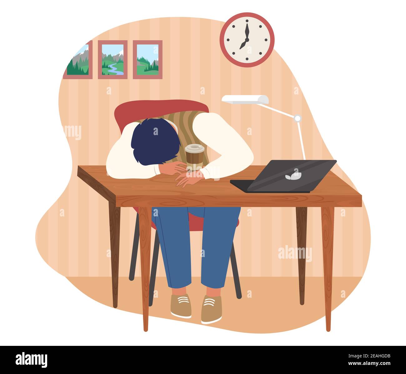 Tired office worker sleeping at the desk, flat vector illustration