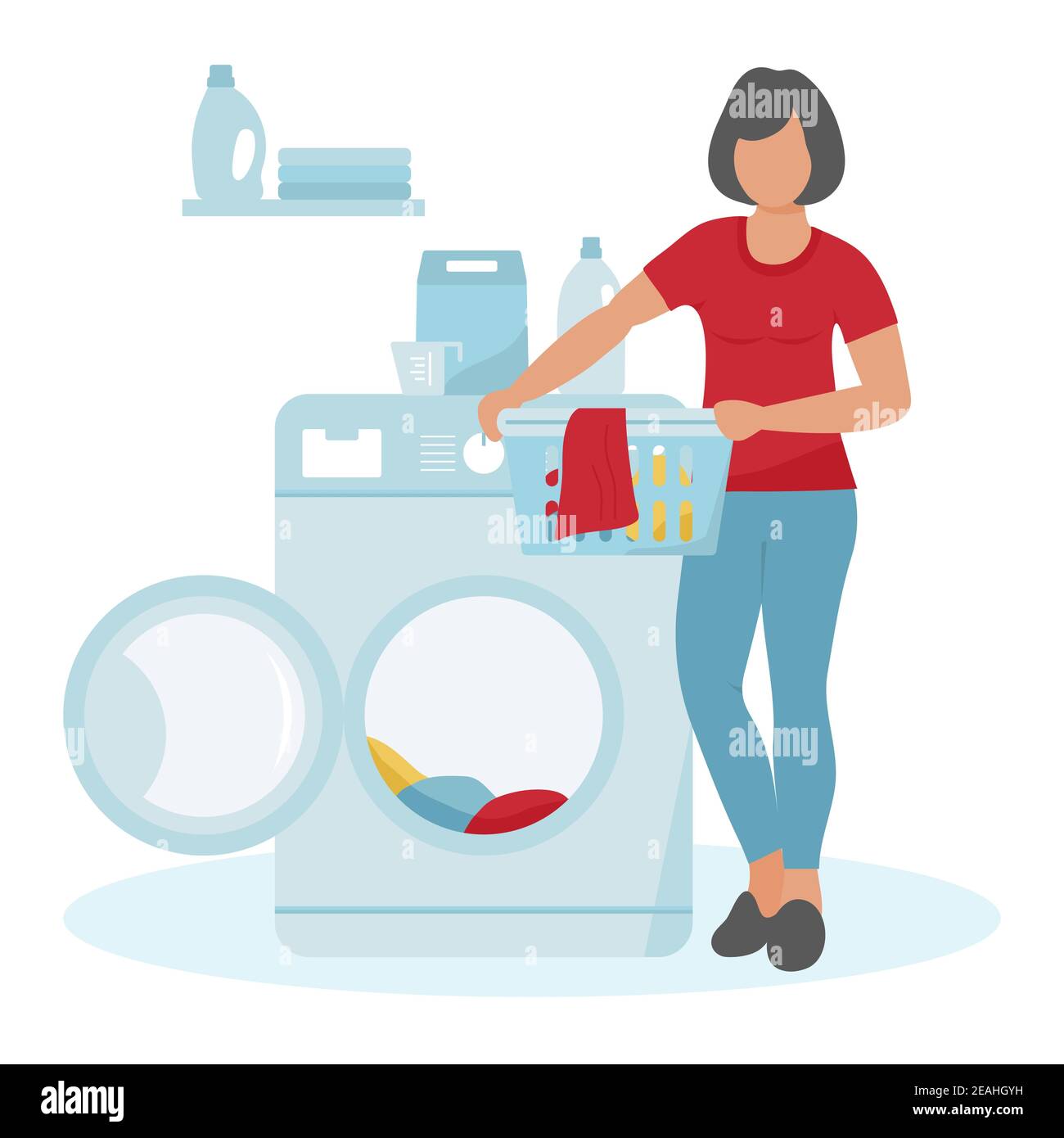 Vector illustration Woman washing dirty clothes Washing machine ...