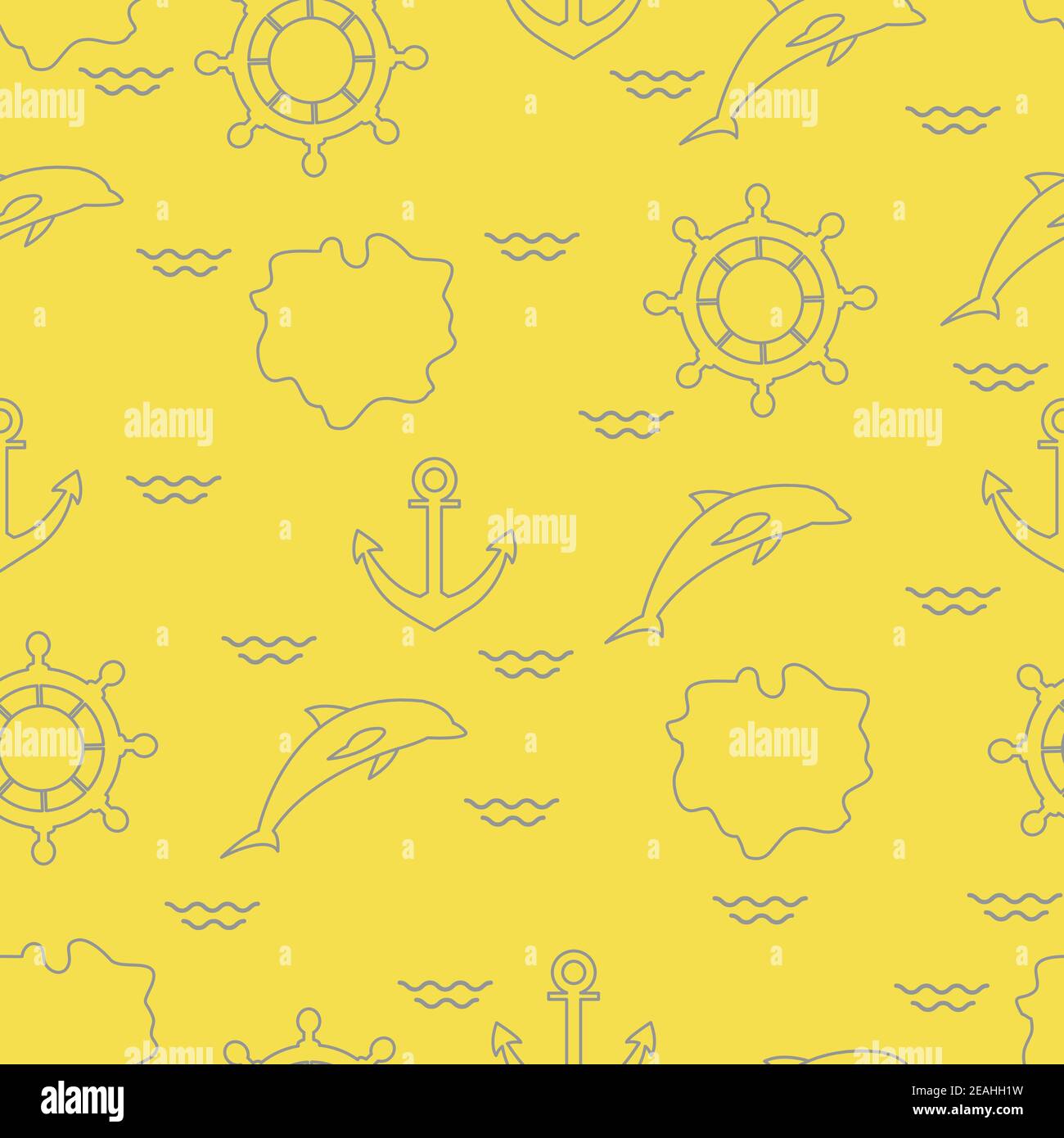 Seamless pattern with dolphins, anchors, steering wheels, waves, islands. Summer leisure. Illuminating and Ultimate Gray. Stock Vector