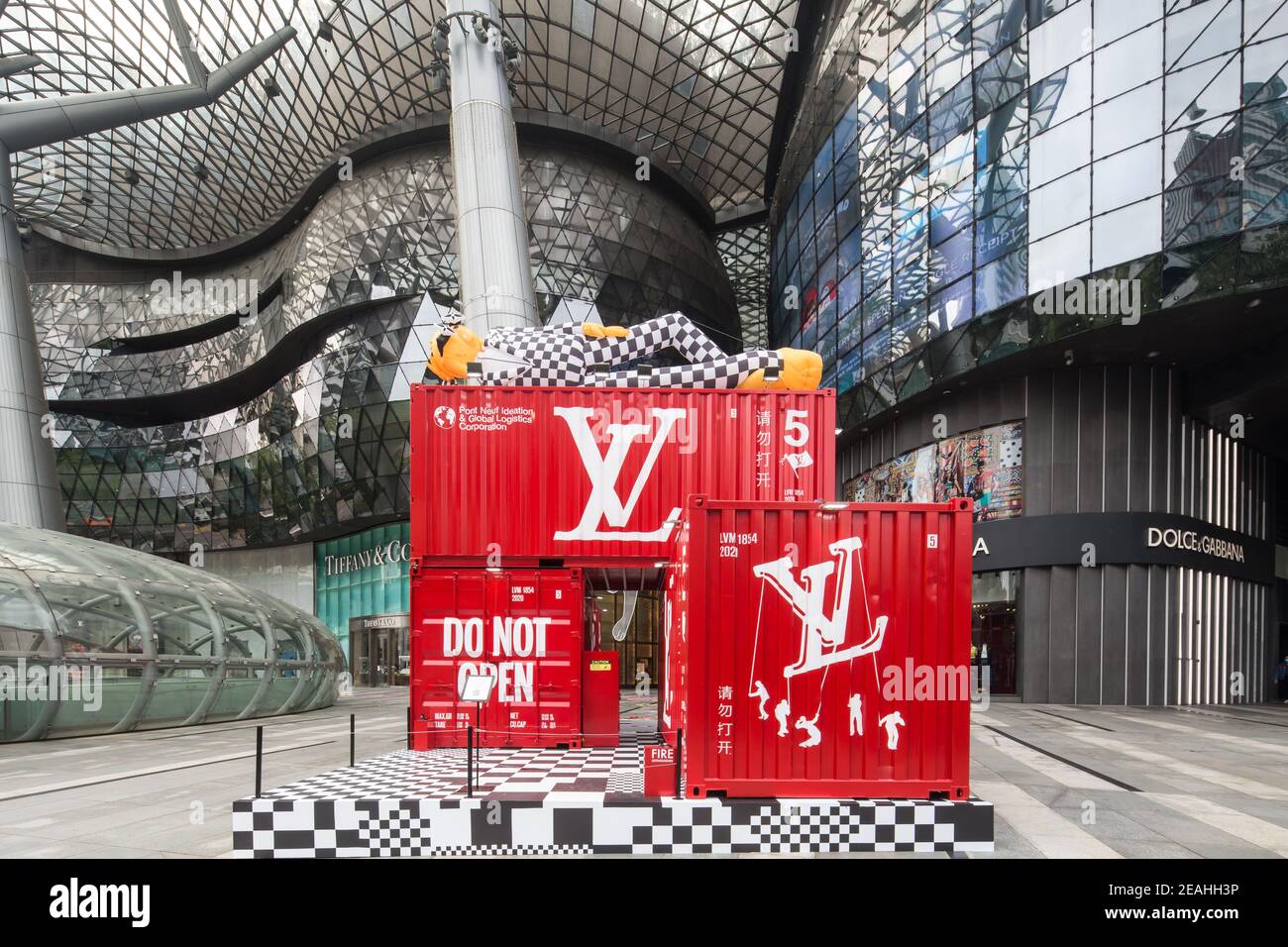 Louis Vuitton's pop-up of red striking shipping containers by Virgil Abloh's idea, at ION Orchard, Stock Photo - Alamy