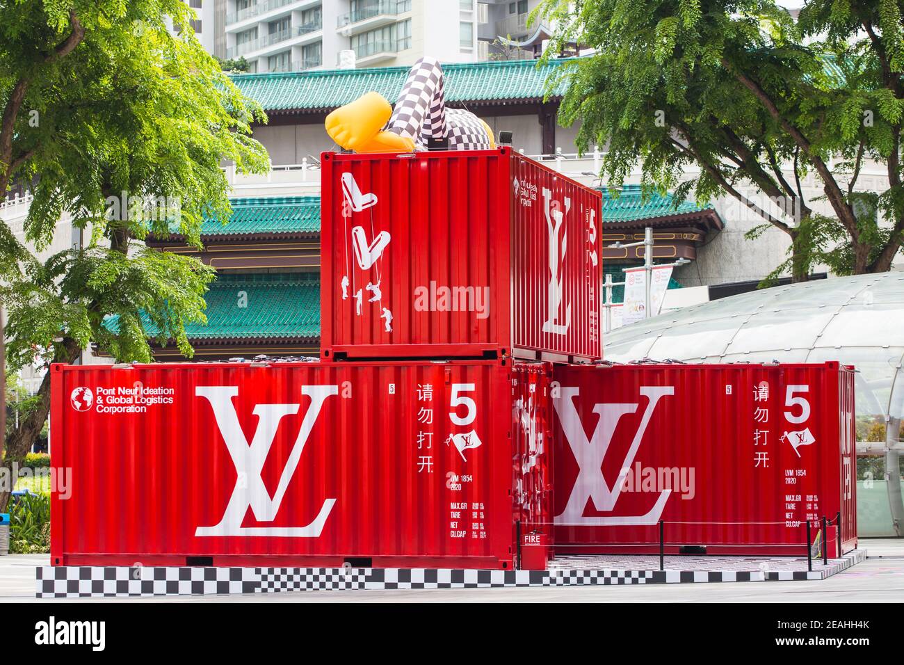 Vertical close-up of Louis Vuitton's pop-up installation of red striking  shipping containers by Virgil Abloh's idea, at ION Orchard, Singapore Stock  Photo - Alamy