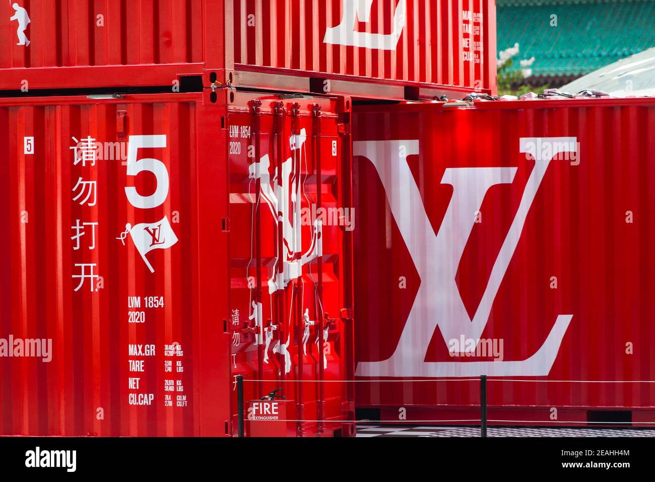 Louis Vuitton's pop-up installation of red striking shipping
