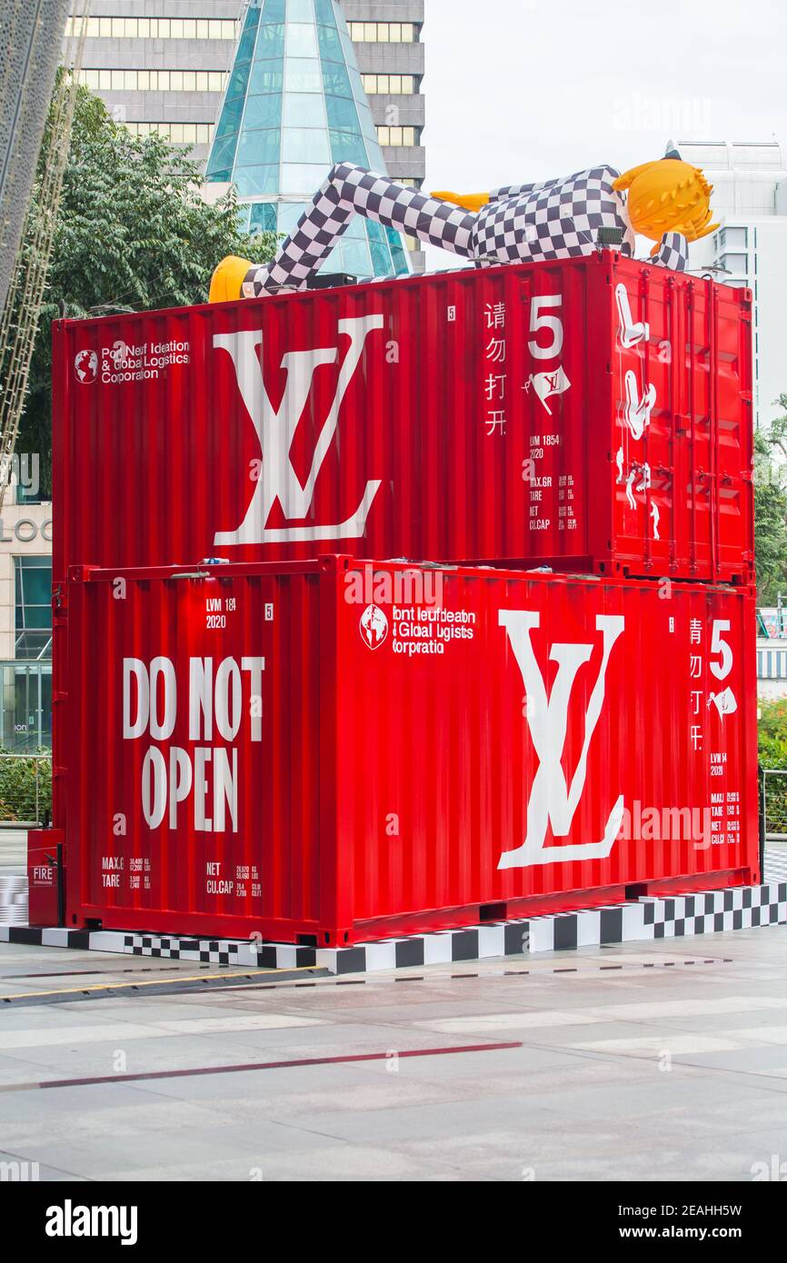 Vertical scene of Louis Vuitton's pop-up installation of red