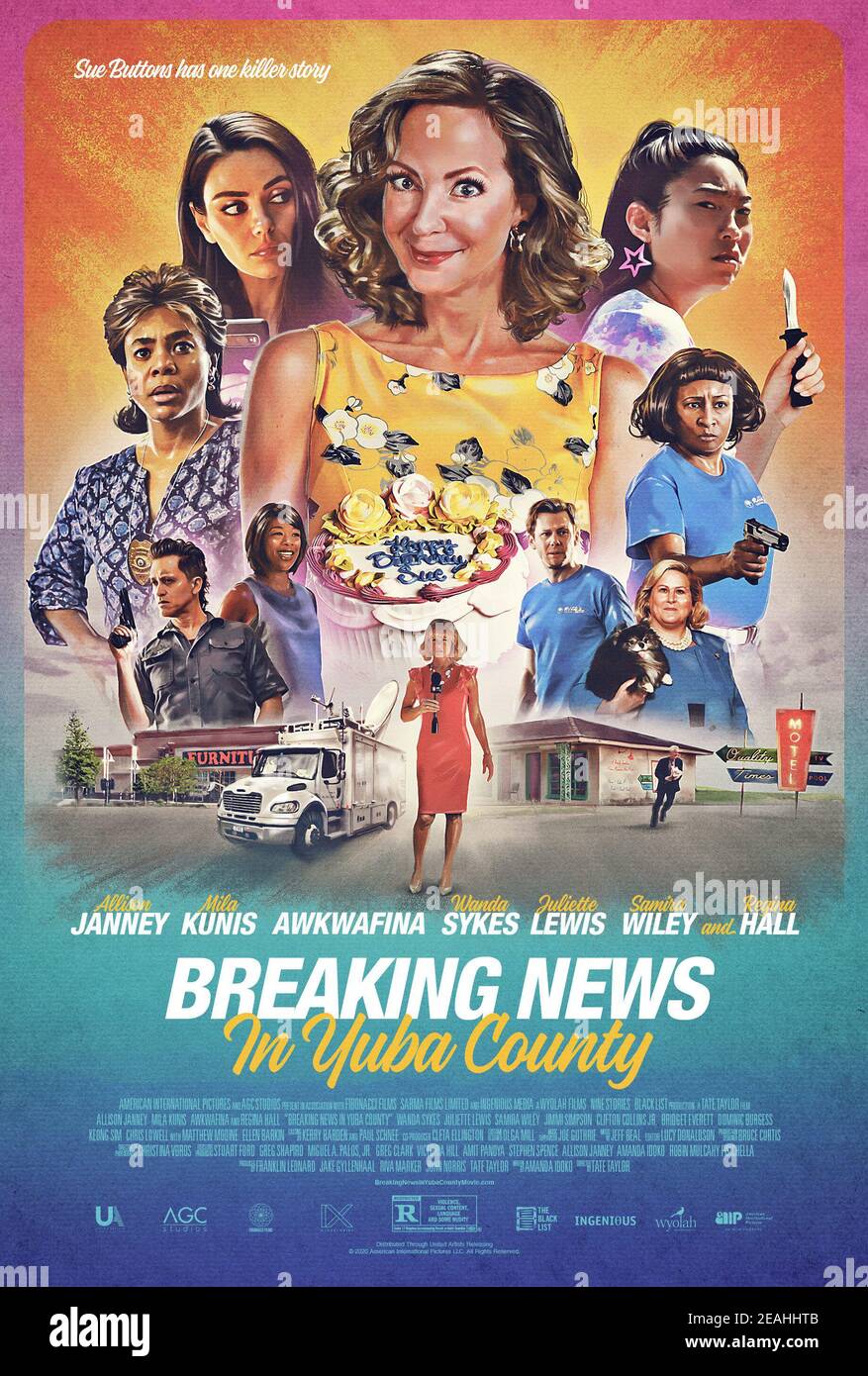 RELEASE DATE: February 12, 2021 TITLE: Breaking News In Yuba County STUDIO: United Artists DIRECTOR: Tate Taylor PLOT: A woman takes advantage of her growing celebrity status when the police and the public think her dead husband is just missing. STARRING: MILA KUNIS as Nancy, ALLISON JANNEY as Sue Buttons poster art. (Credit Image: © United Artists/Entertainment Pictures) Stock Photo