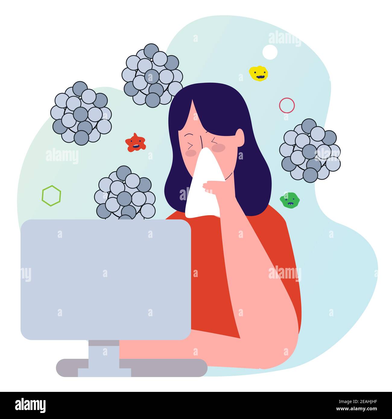 character woman with flu covering nose use tissue front desktop background virus with cartoon flat style Stock Vector