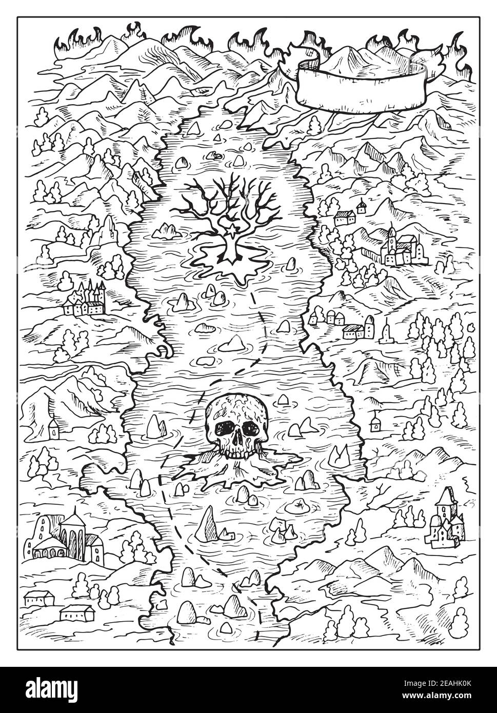 Black and white marine illustration with map of treasure island, skull and inknown land. Vector nautical drawings, adventure concept, coloring book pa Stock Vector