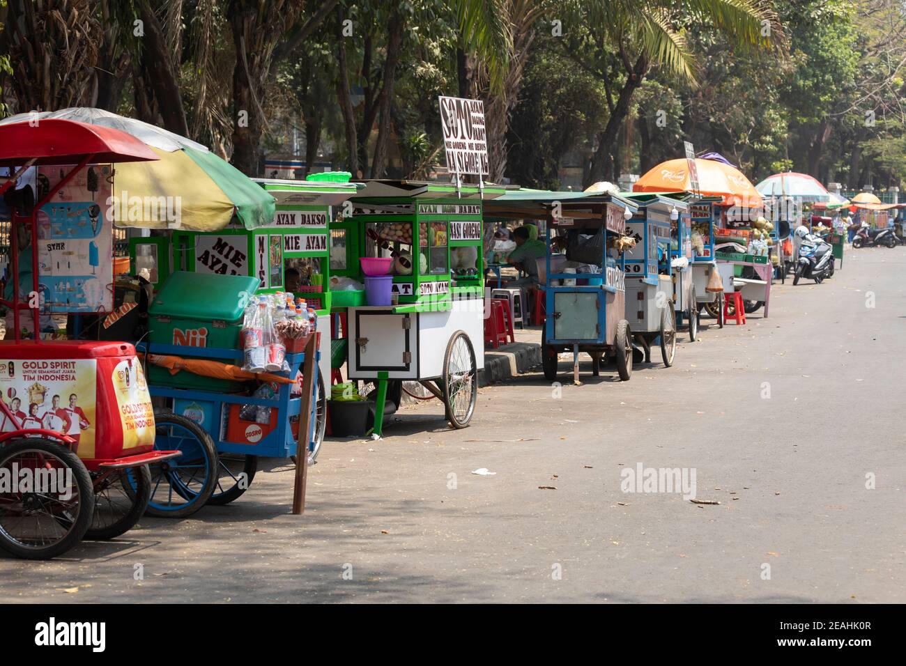 Jakarta, Indonesia - October 20, 2019: Street food stalls, in which