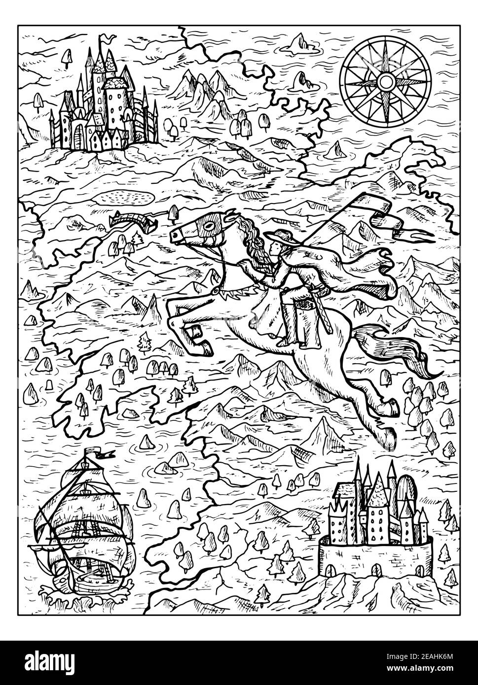 Black and white marine illustration of old map with rider, compass, sailboat and fantasy land with islands. Vector nautical drawings, adventure concep Stock Vector
