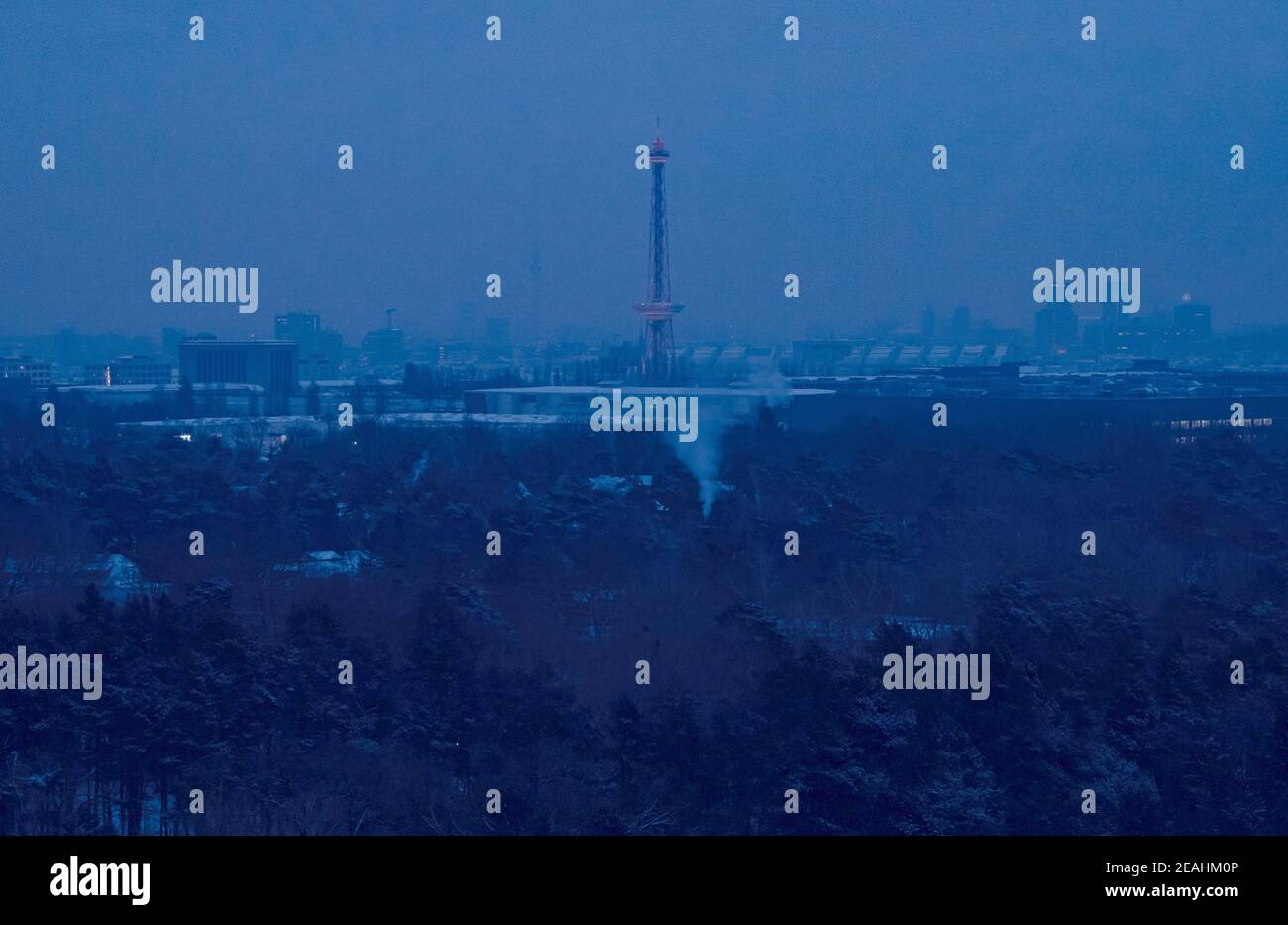 Berlin, Germany. 10th Feb, 2021. View from the Drachenberg to the city. In the middle you can see the radio tower. Credit: Paul Zinken/dpa-Zentralbild/dpa/Alamy Live News Stock Photo