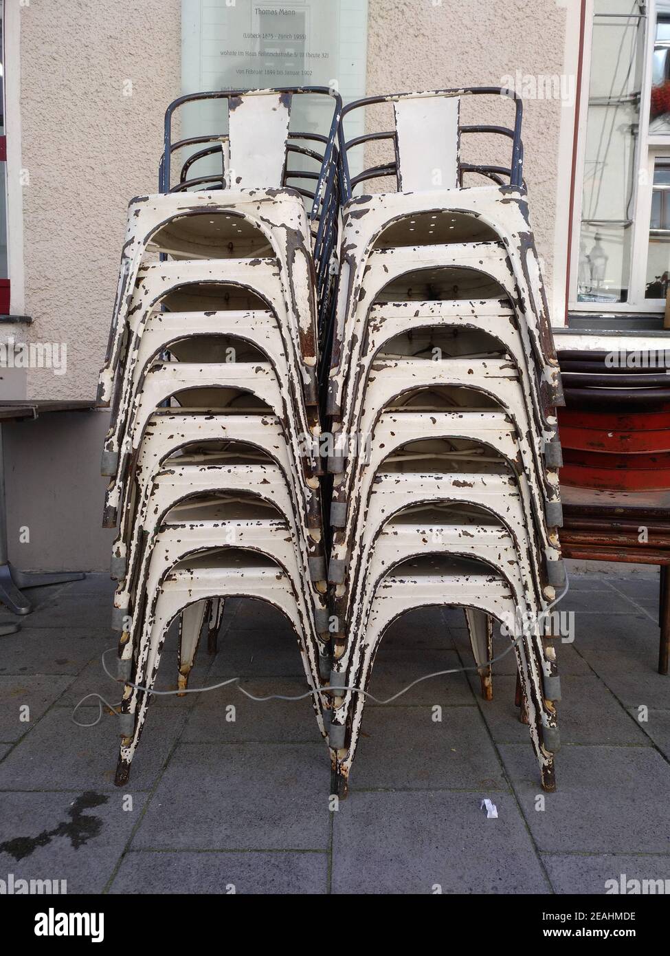 Munich Lockdown, Chairs piled up. Bavaria Bayern, Germany Stock Photo