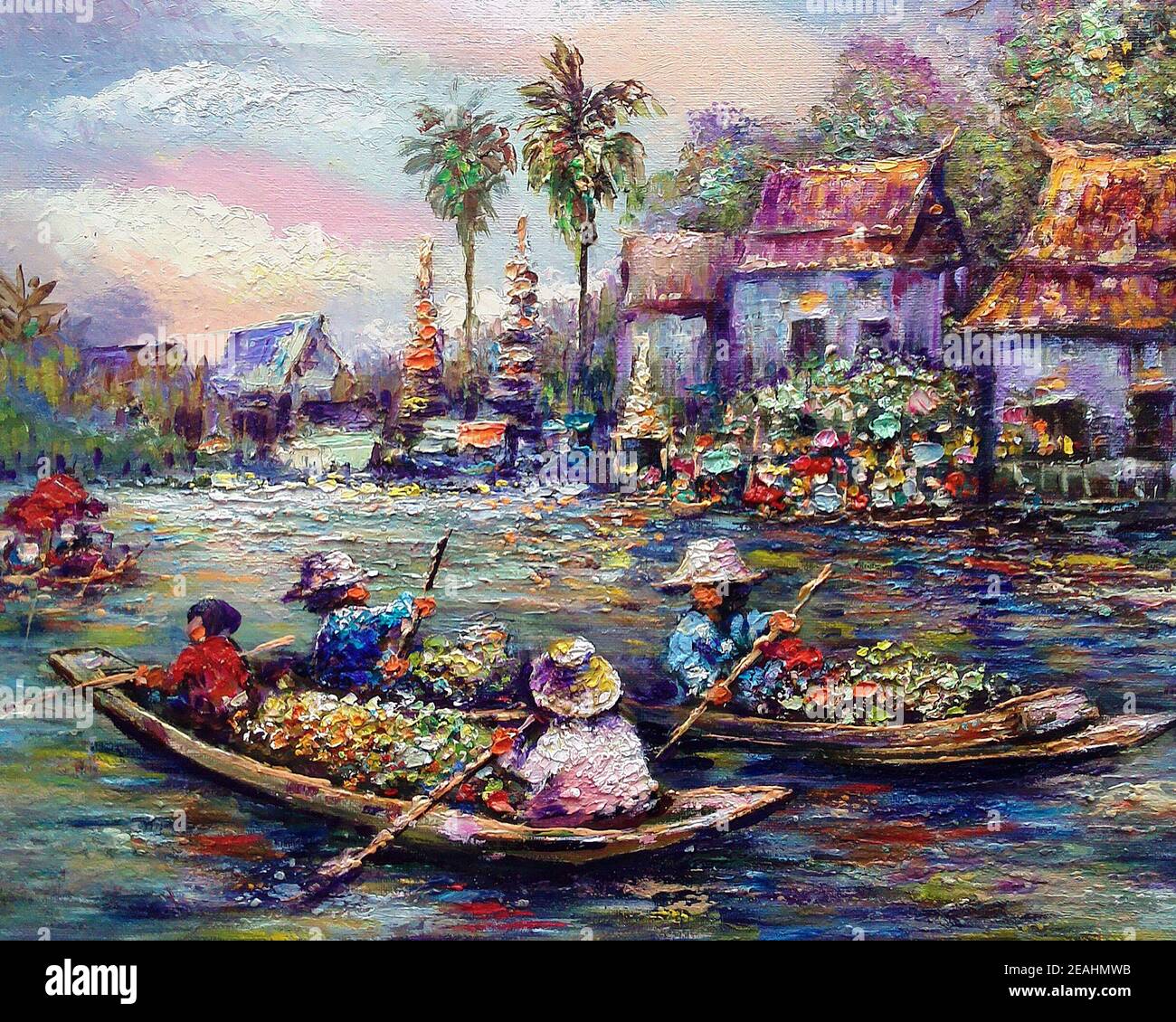 Art painting Oil color Floating market Thailand , rural life , rural ...