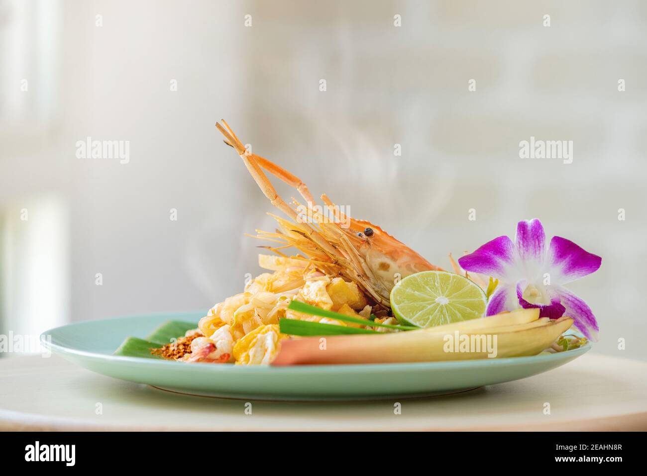 Delicious Asian food, hot fresh shrimp Pad Thai noodle dish Stock Photo