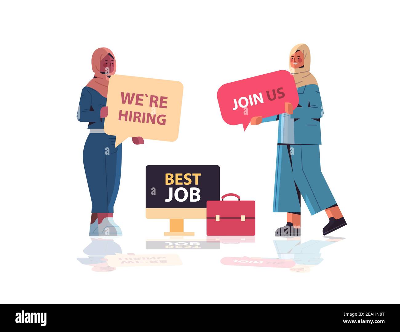 arabic businesswomen hr managers holding we are hiring join us posters hr vacancy open recruitment human resources concept full length vector illustration Stock Vector