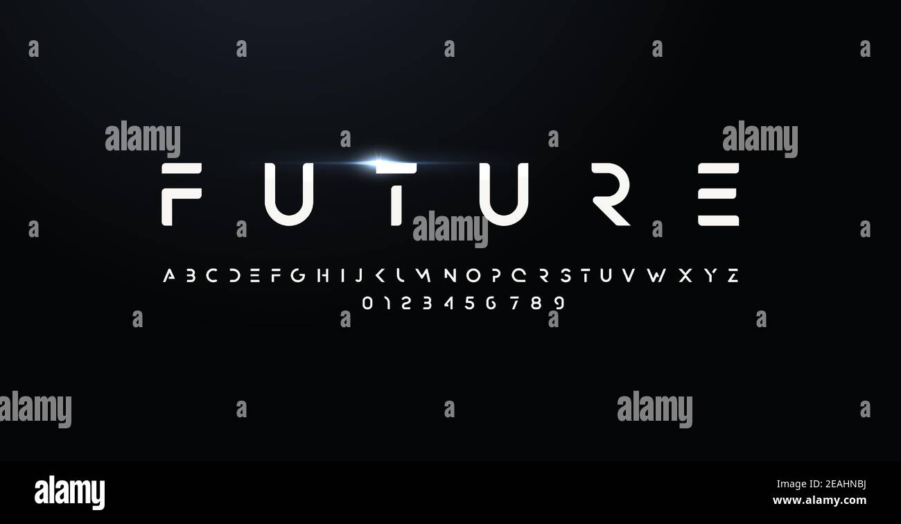 Future style font, bold letters and numbers. Futuristic design type for