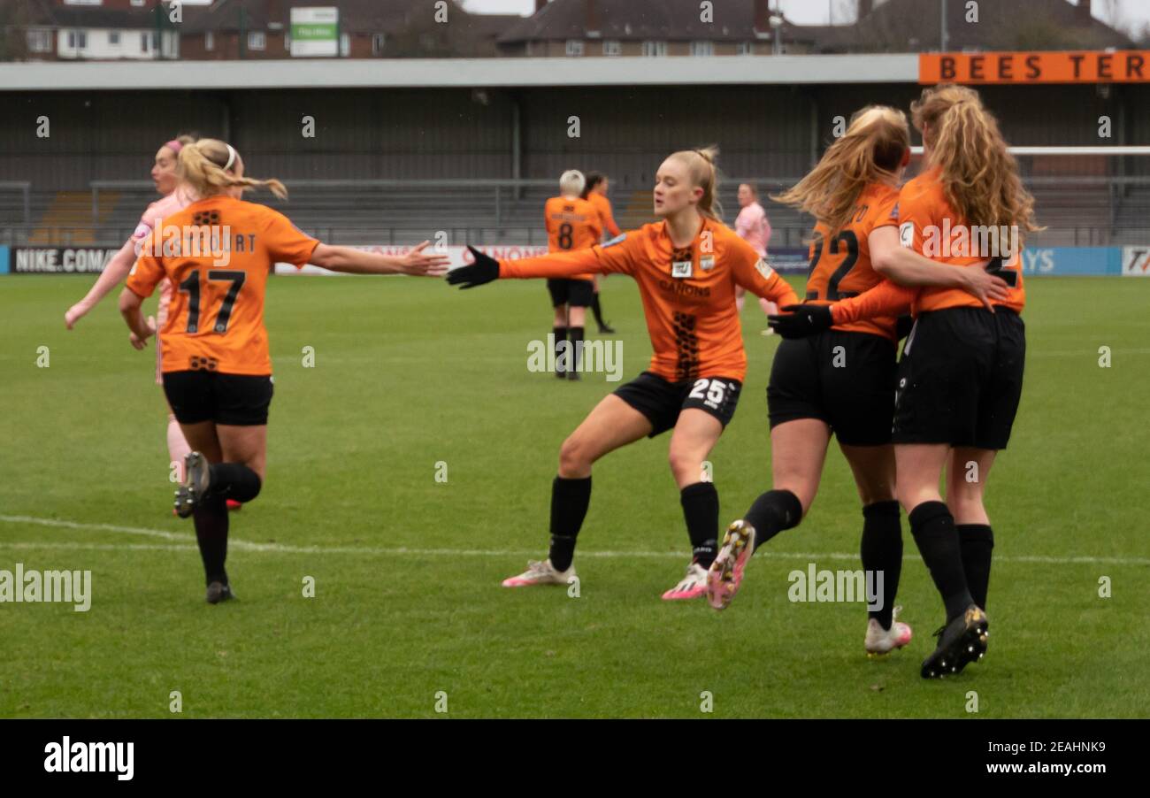 Evie Gane #25 celebrates her teammate's goal with Estcourt #17 during the Women’s Super League game between London Bees and Sheffield United at The Hive in Edgware Stock Photo