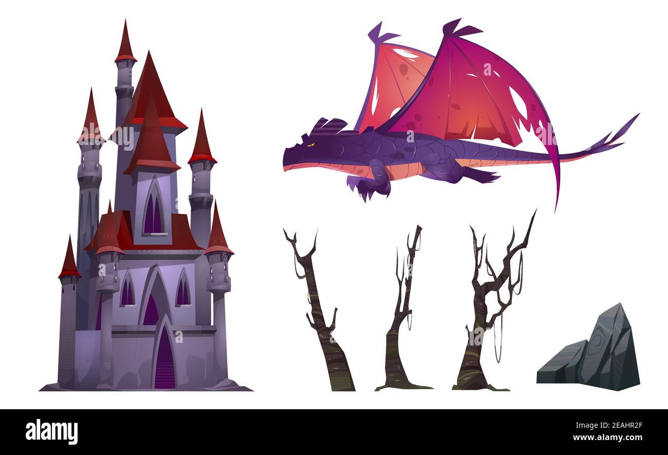 Dragon, castle, trees and rock cartoon set isolated on white background. Fantasy character, magic palace and natural objects. Fairytale images for book or computer game, vector illustration, clip art Stock Vector