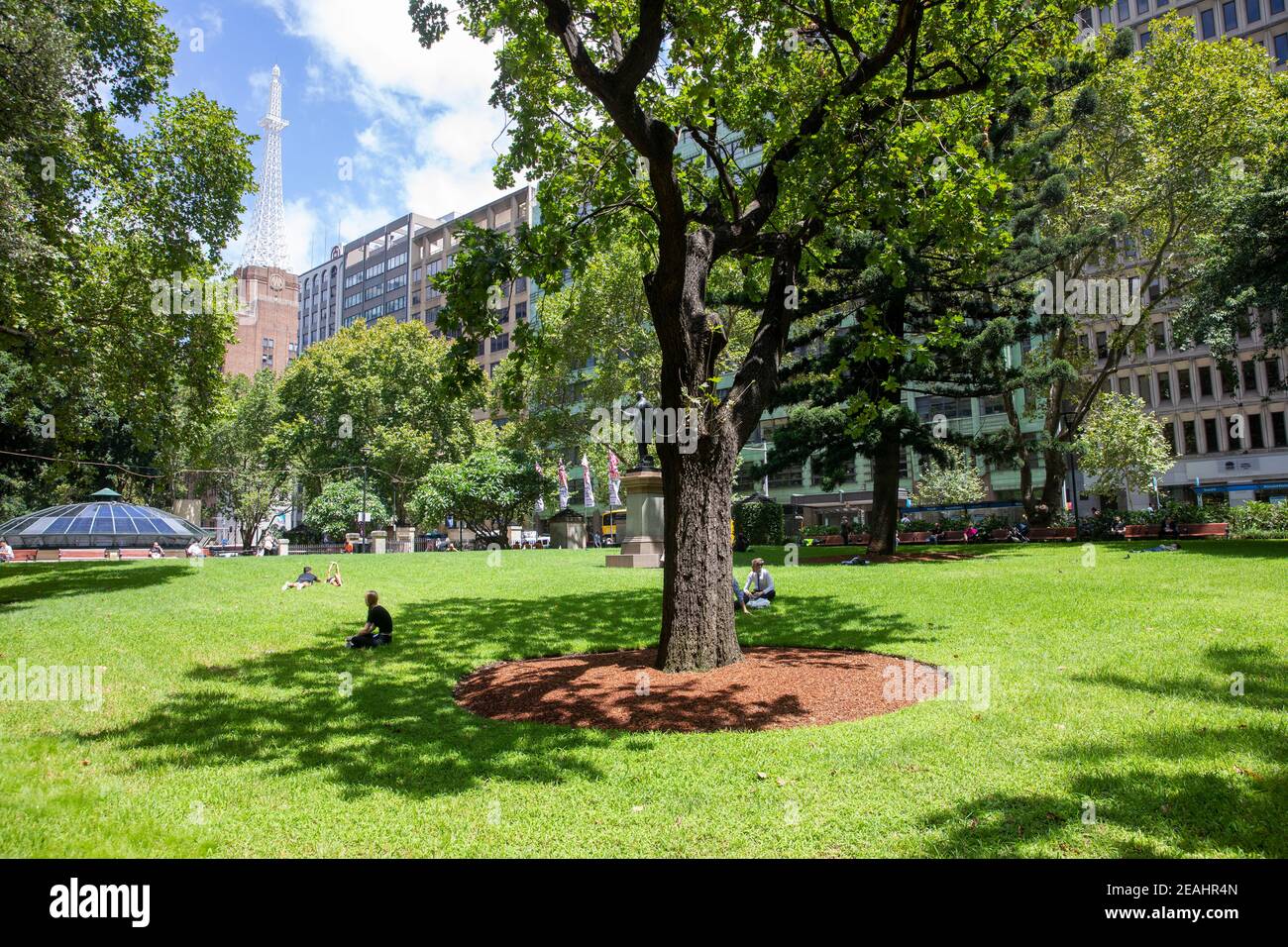 Wynyard Park in Sydney city centre with office workers enjoying green space,Sydney,Australia Stock Photo