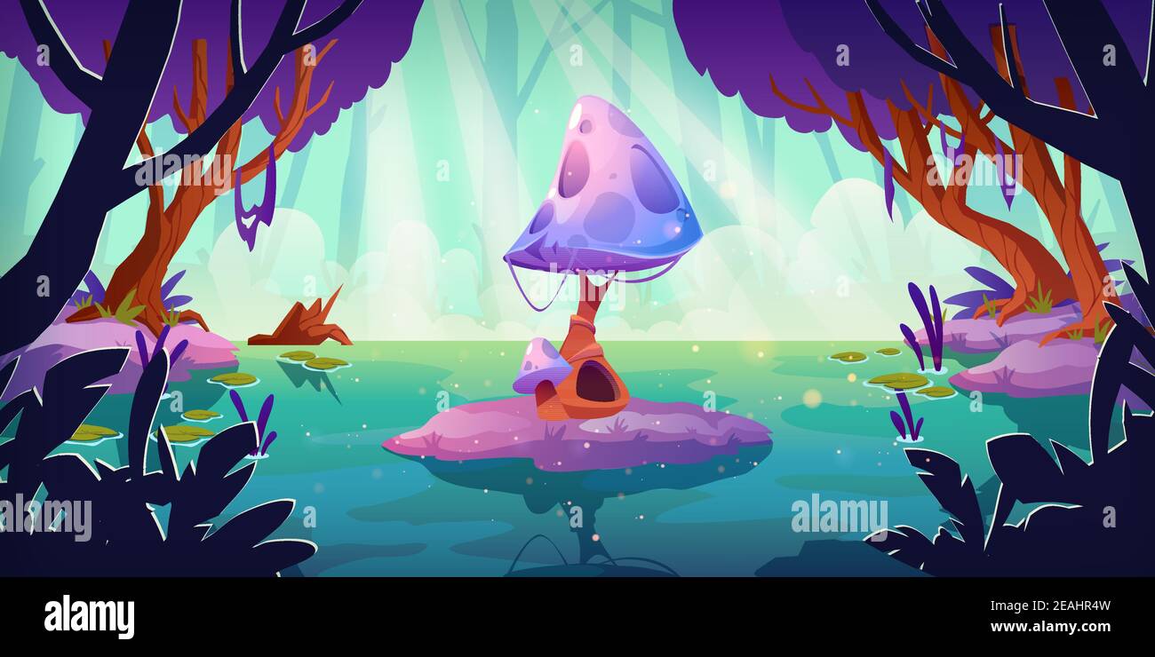 Fantasy landscape with huge mushroom in forest pond or swamp. Alien or ...