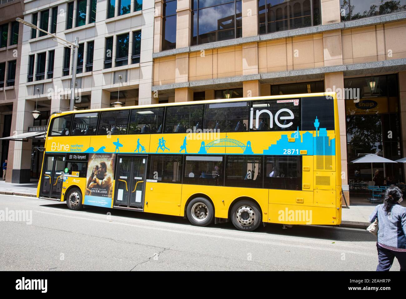 Sydney bus yellow double deck bus in Sydney city centre, B line bus to northern beaches of Sydney,Australia Stock Photo