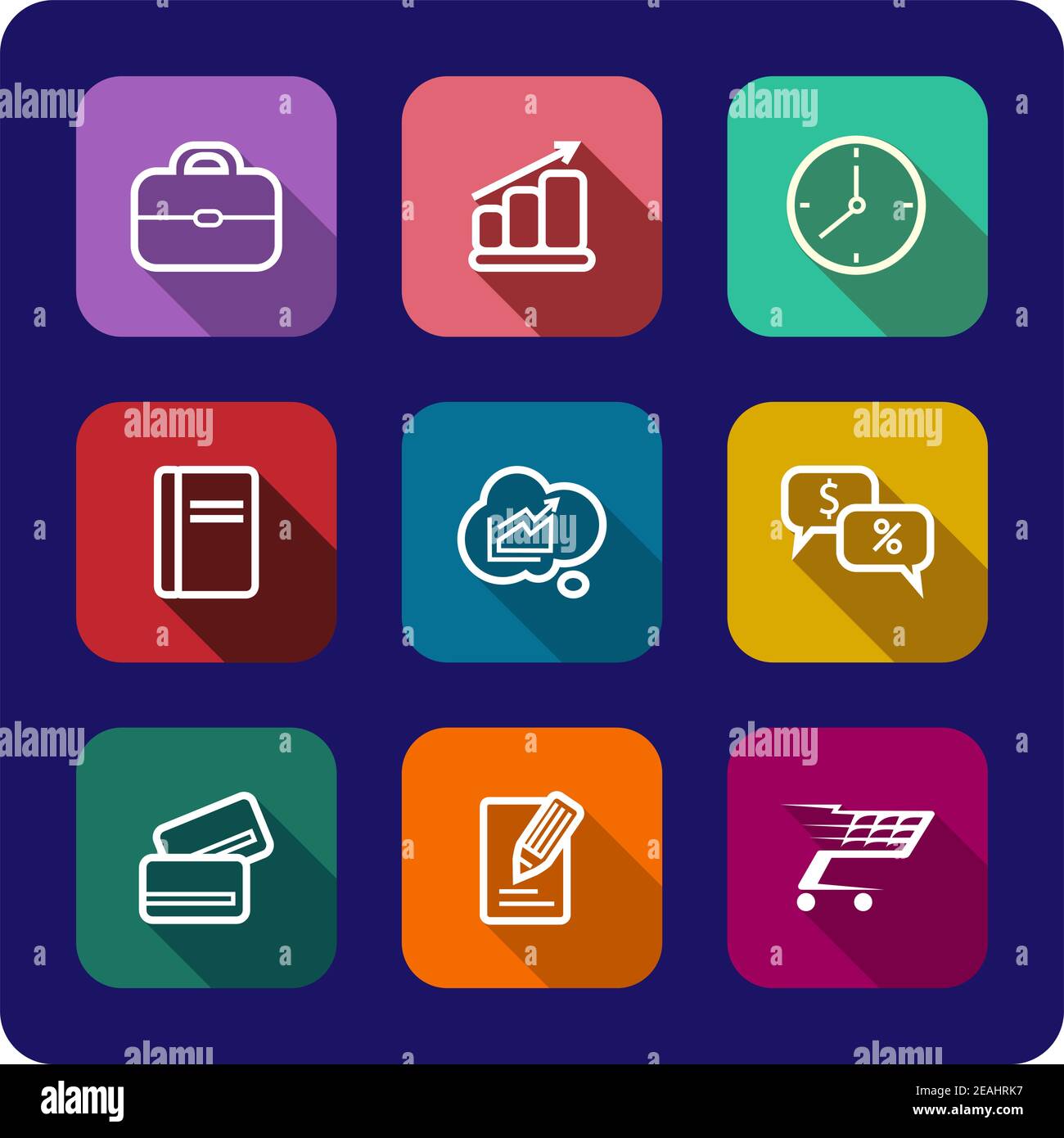 Set of flat rectangular colorful icons with shadows for web design, business presentations, applications, gadgets, cloud computing, media, shopping, o Stock Vector