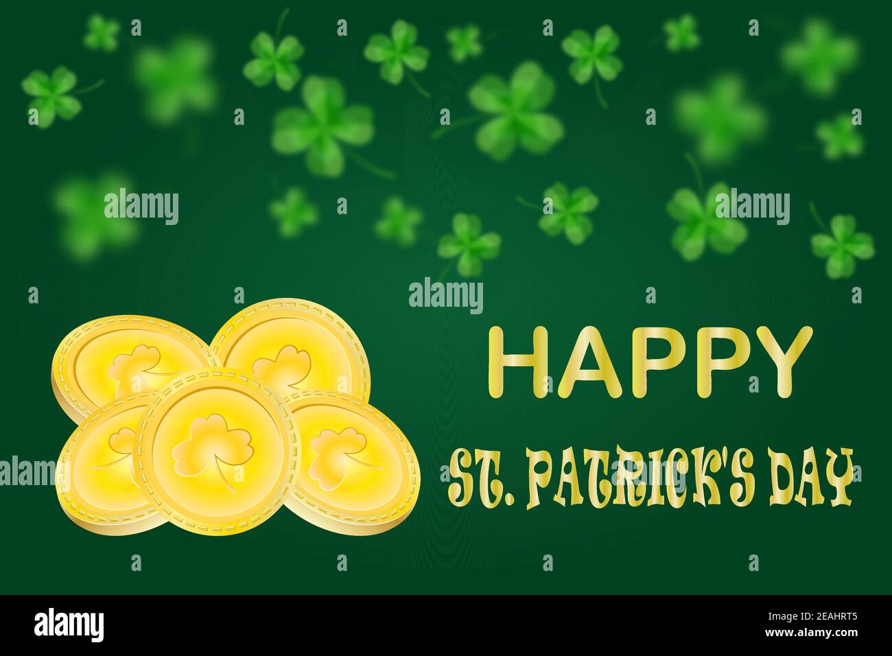 Golden coins and clover on green background. Happy St. Patrick's Day ...