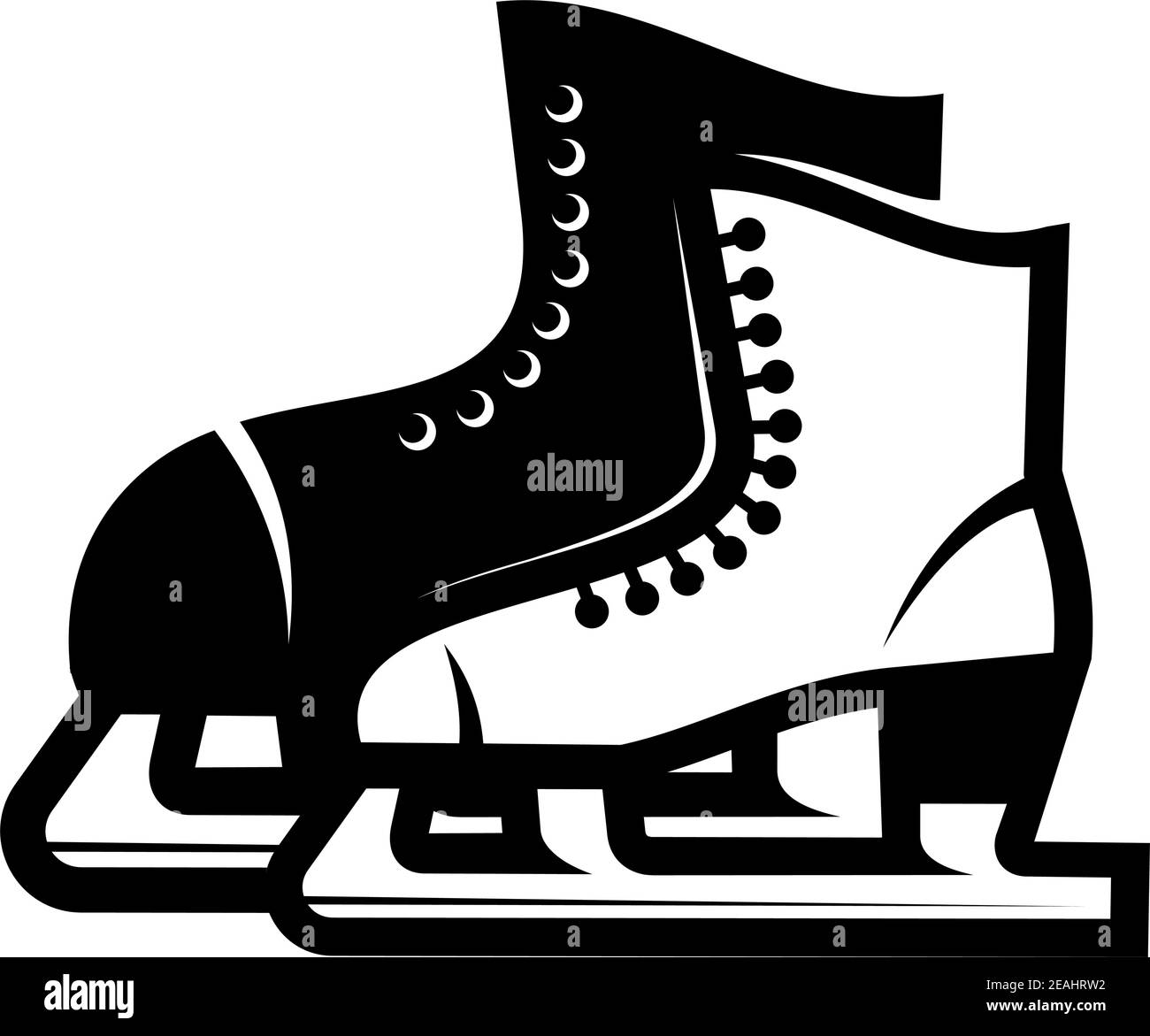 Black and white illustration of a pair of ice skates, a larger one ...