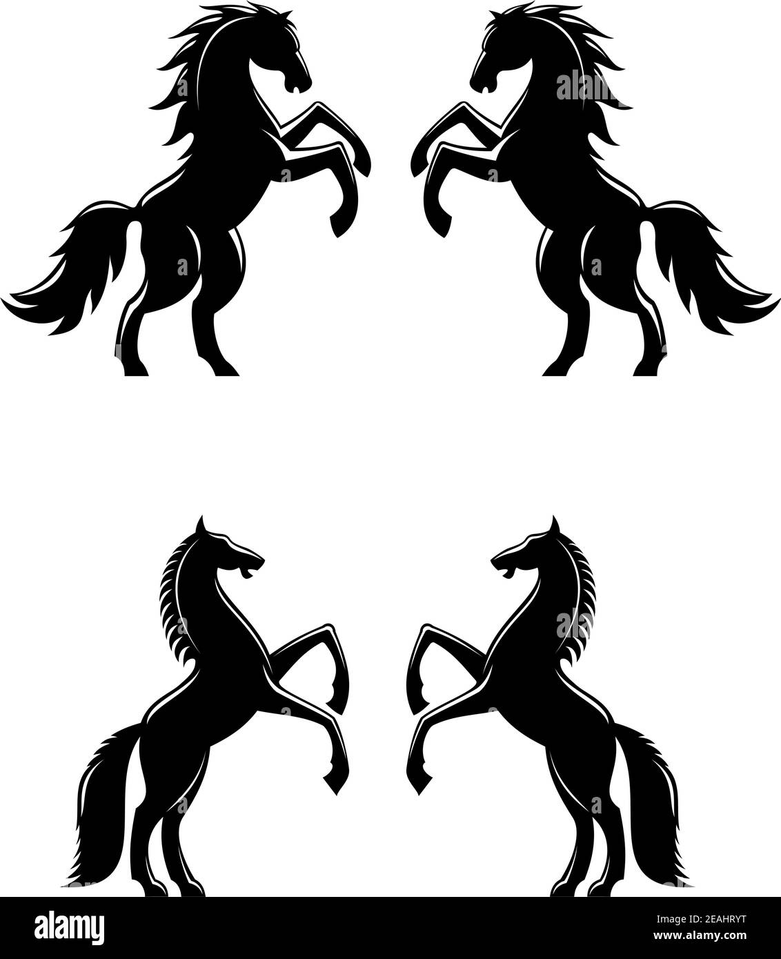 Two rearing up horses silhouettes in black for heraldry design Stock Vector