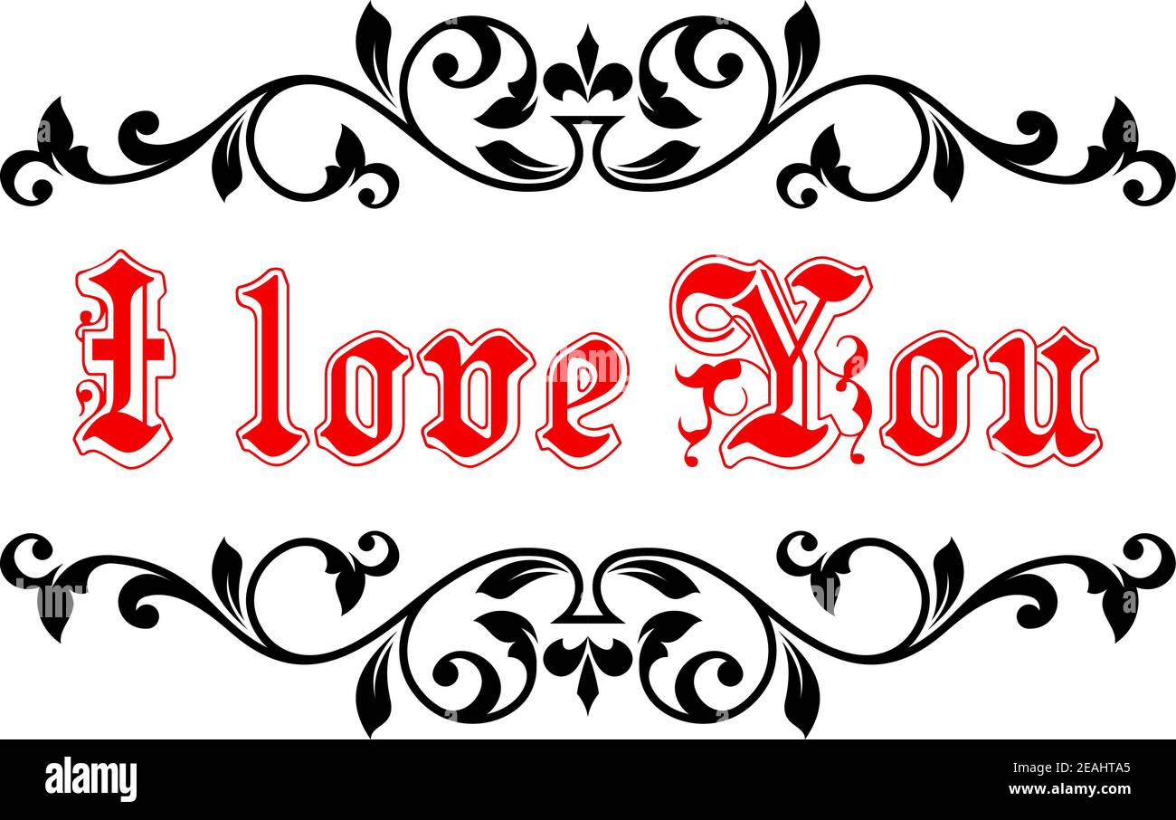 I Love You banner in red text in a swirling floral and foliate ...