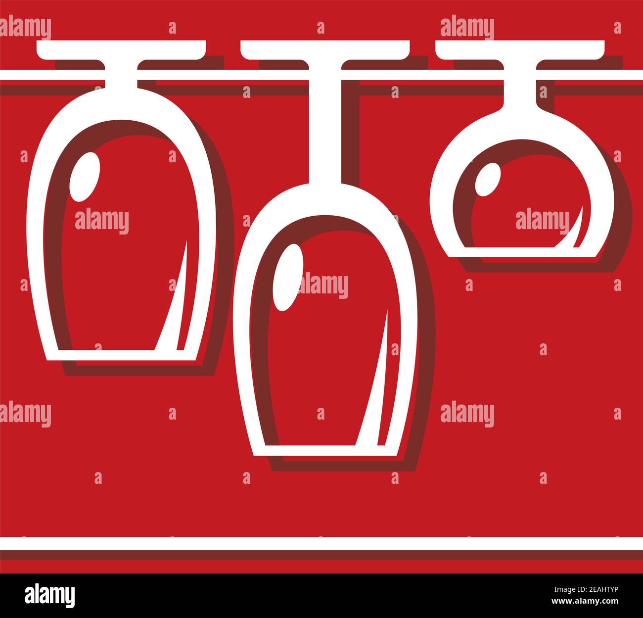 Pub or bar icon with the clean glasses hanging drying in a rack ready to serve customers, vector outline illustration on red Stock Vector