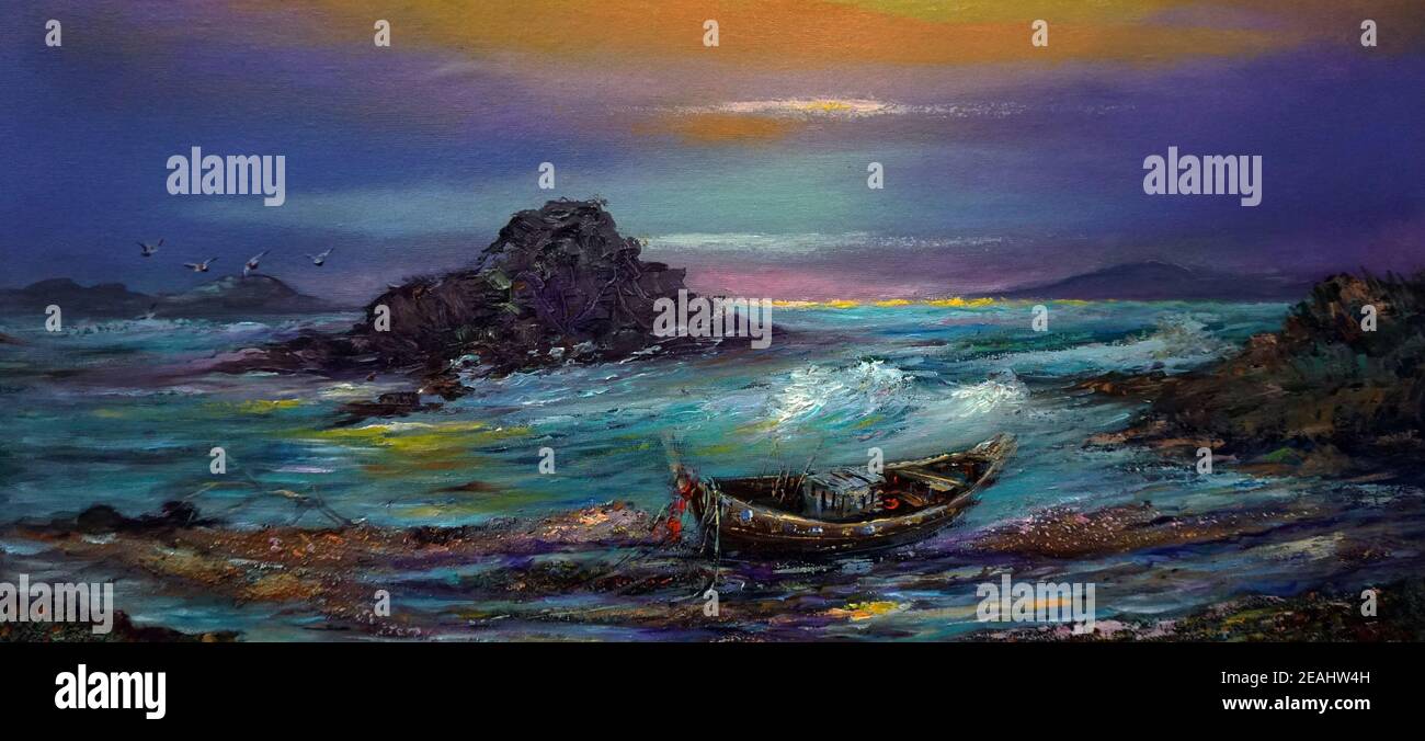 Decoration for the interior.  oil painting sea , wave birds Countryside in the provinces Thailand Stock Photo