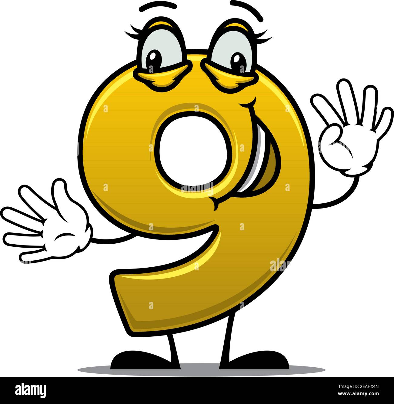 Happy gold number 9 character standing smiling and waving, suitable for