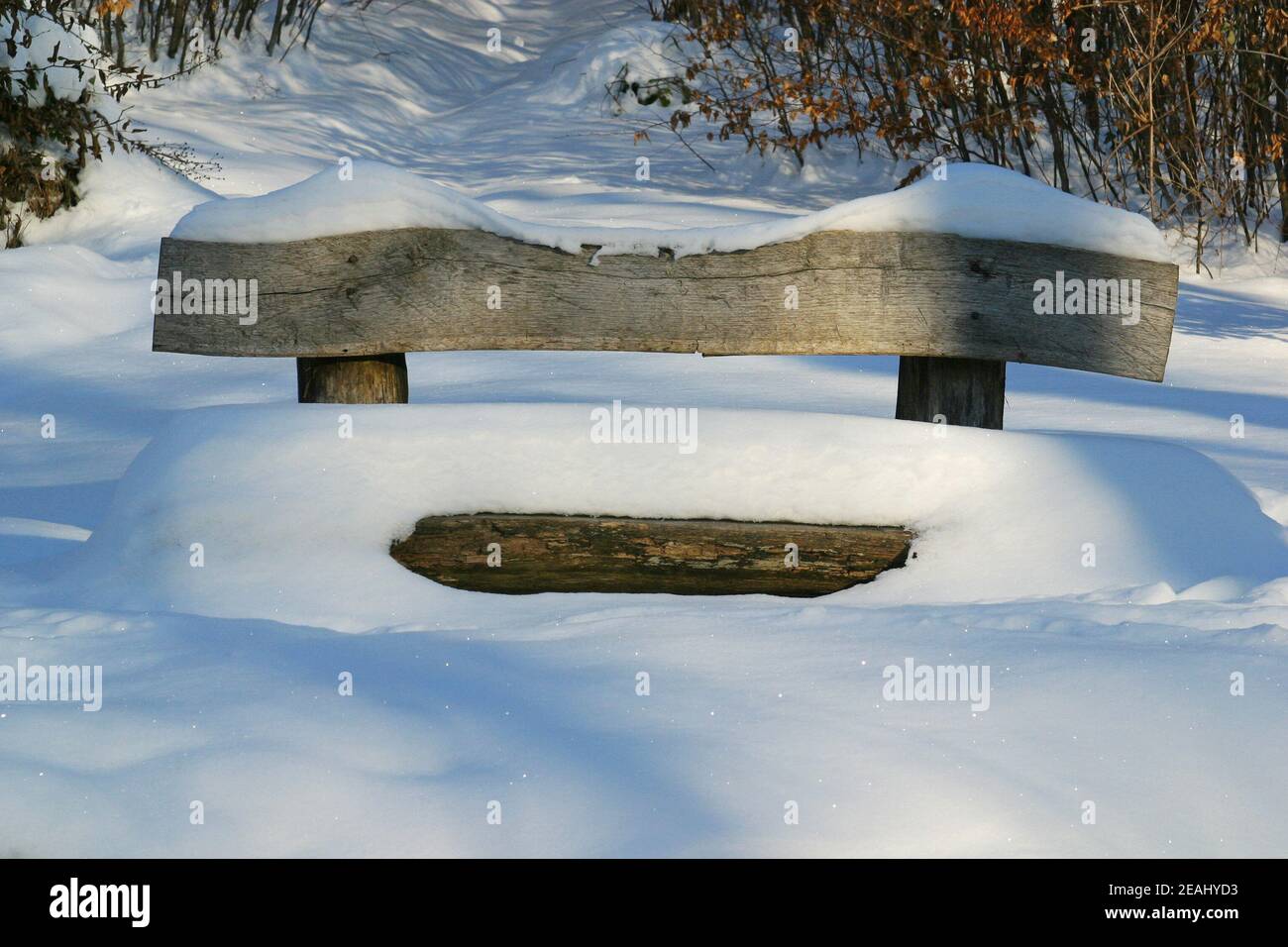 Wooden bench covered with snow Stock Photo - Alamy