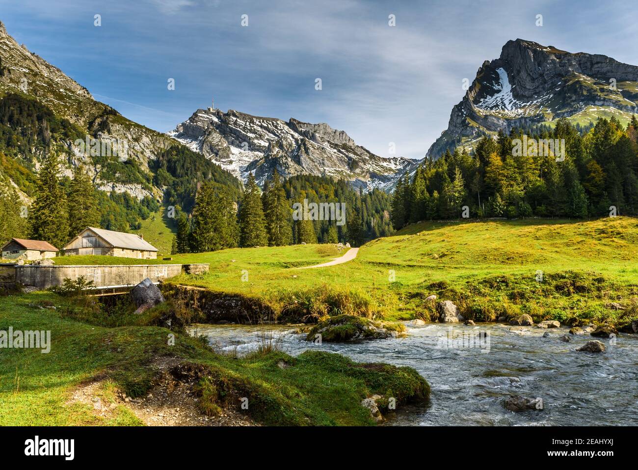 View of the Saentis and the Wildhuser Schafberg, Toggenburg, Canton St. Gallen, Switzerland Stock Photo